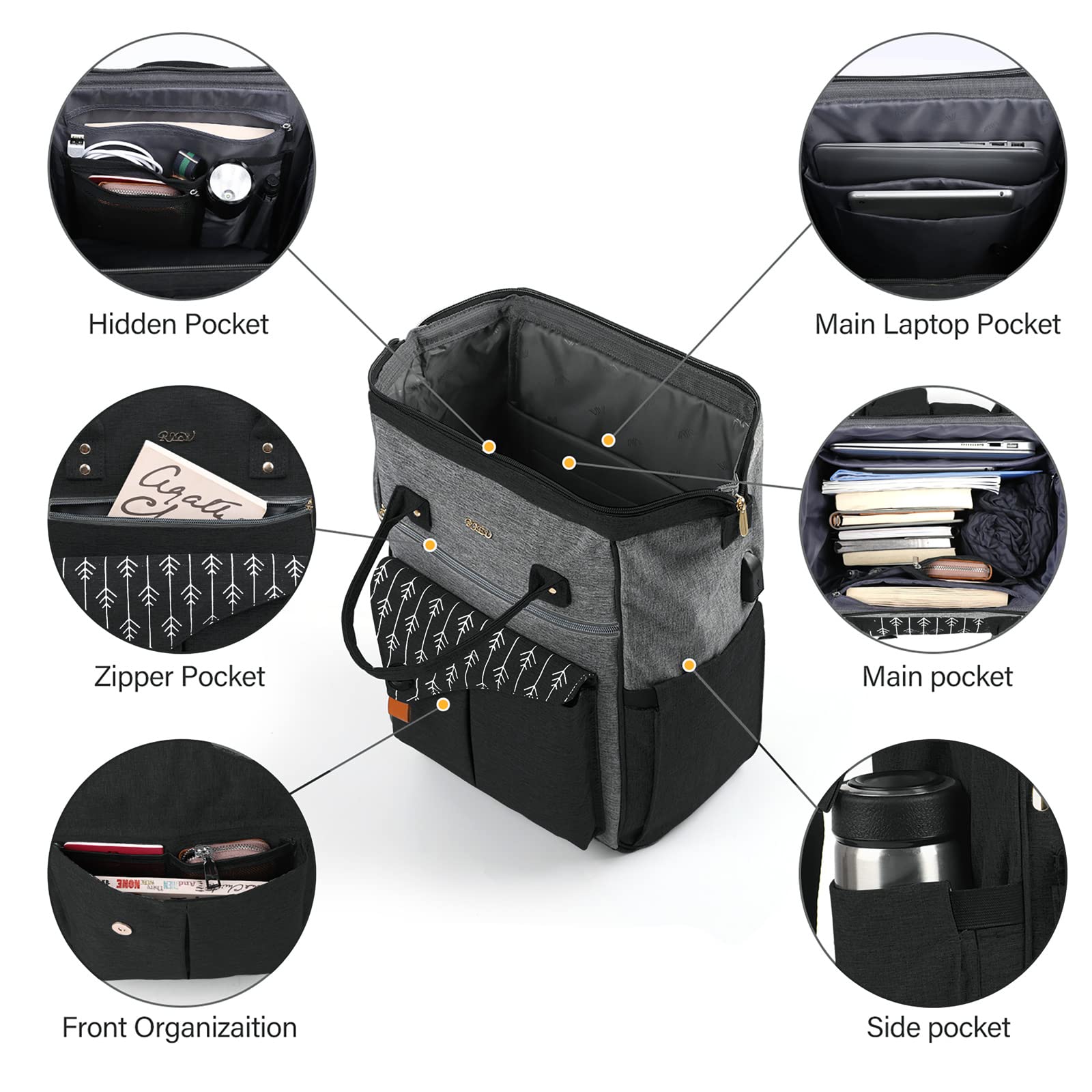 RJEU - Zaino da donna, per la scuola, per il tempo libero, per il lavoro, con scomparto per computer portatile e tasca antifurto, impermeabile