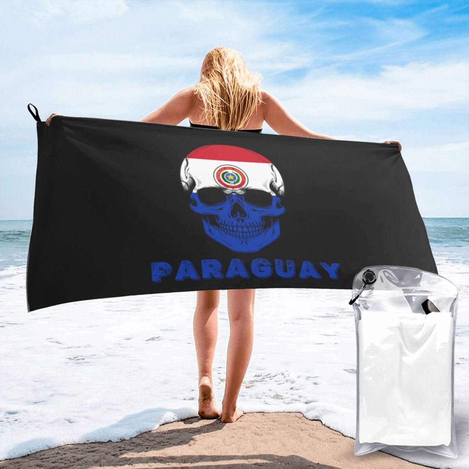 HACXZ Skull Paraguay Flag Lightweight Absorbent Beach Towel Microfiber Beach Towel 27.5"X55"