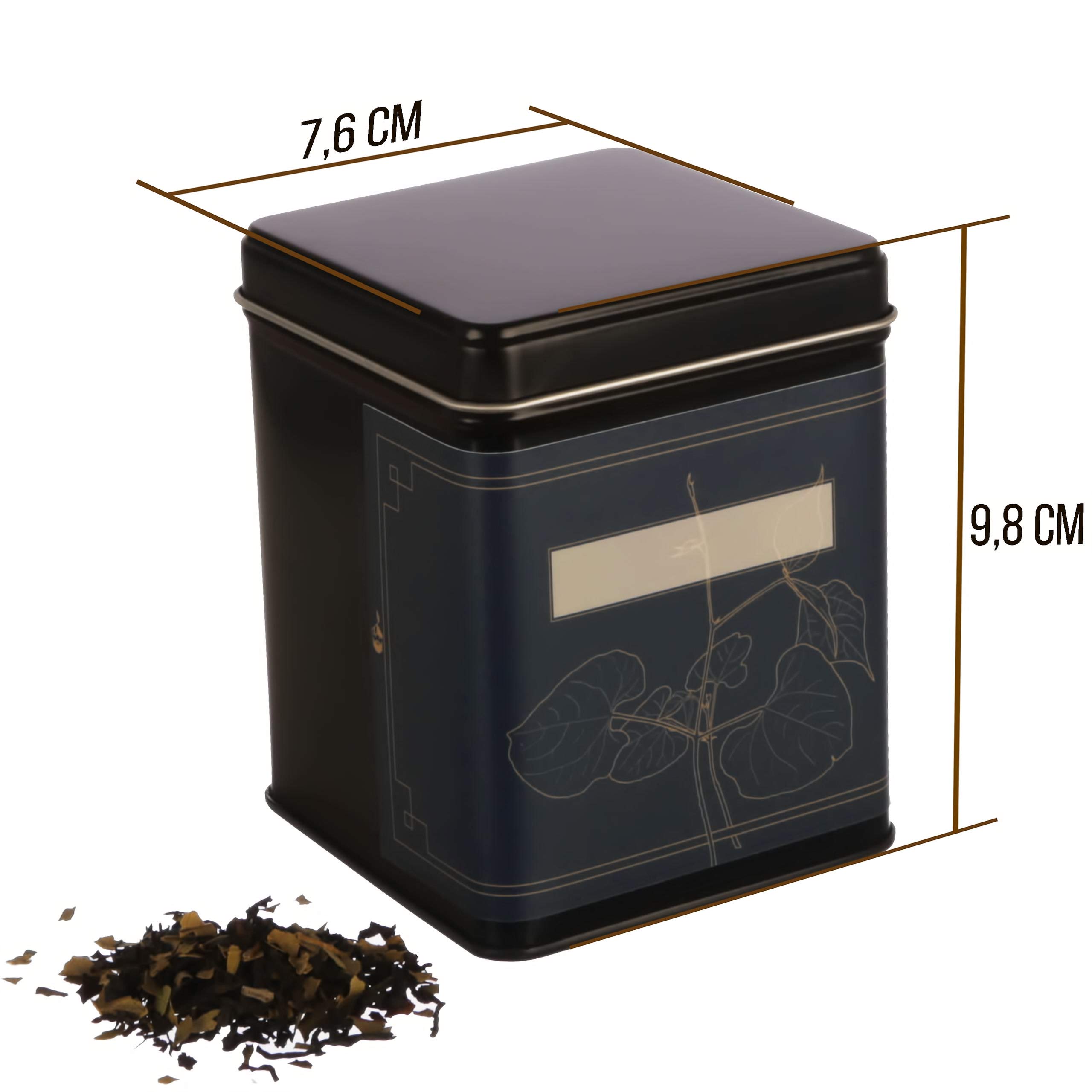 6 klasycznych prostokątnych puszek na herbatę, można układać w stos, nieprzepuszczające zapachów, z metalu, każda po 140 g Earl Grey, w zestawie 6 etykiet z motywem kwiatowym, 9,8 x 7,6
