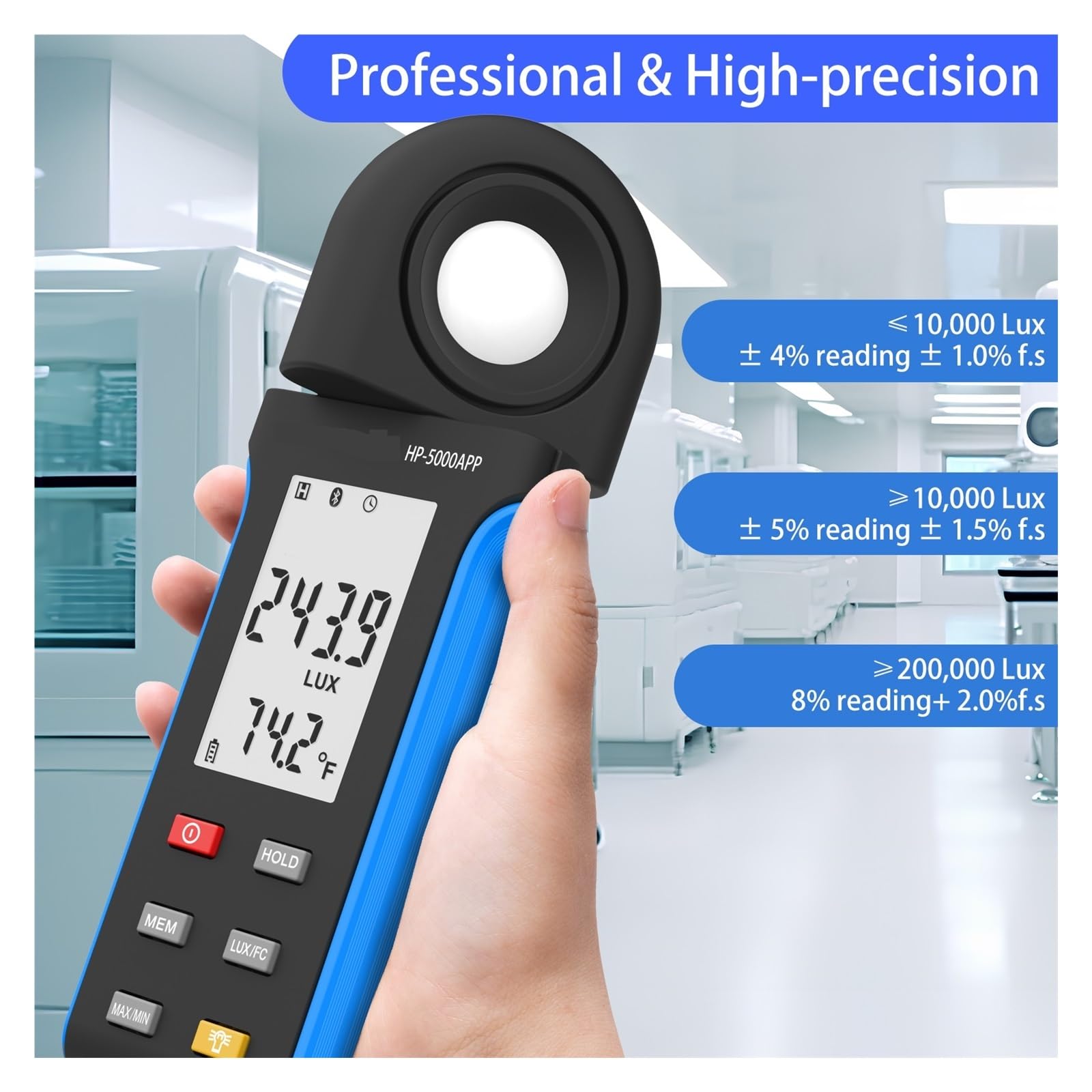 Fotómetro Digital portátil con Temperatura, medidor de iluminancia, 1-400000 Lux, Giratorio 270 °, Pantalla LCD Multifunción