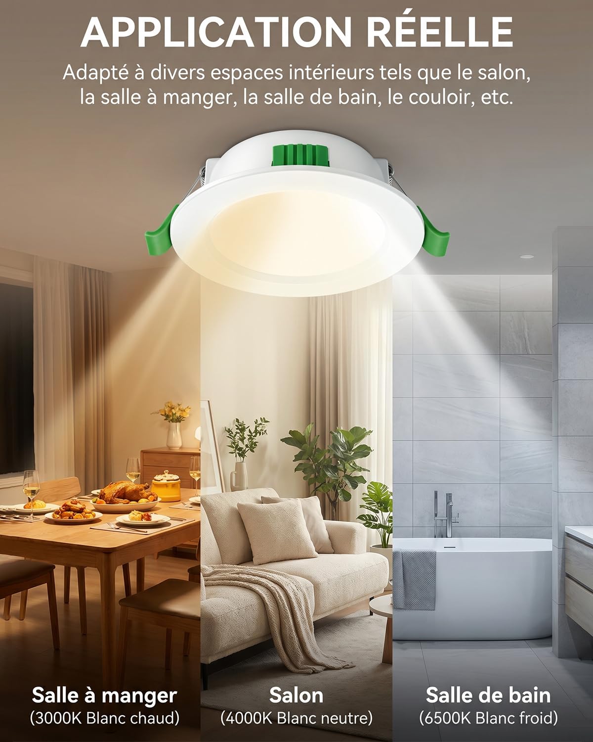 Lot de 20 Spot LED Encastrables 68mm 5W 220V, 3 Températures de Couleur Réglables, Blanc Chaud 2700K / Neutre 4000K / Froid 6000K, Spots de Plafond IP44 Étanche pour Salle de Bain Salon Cuisine