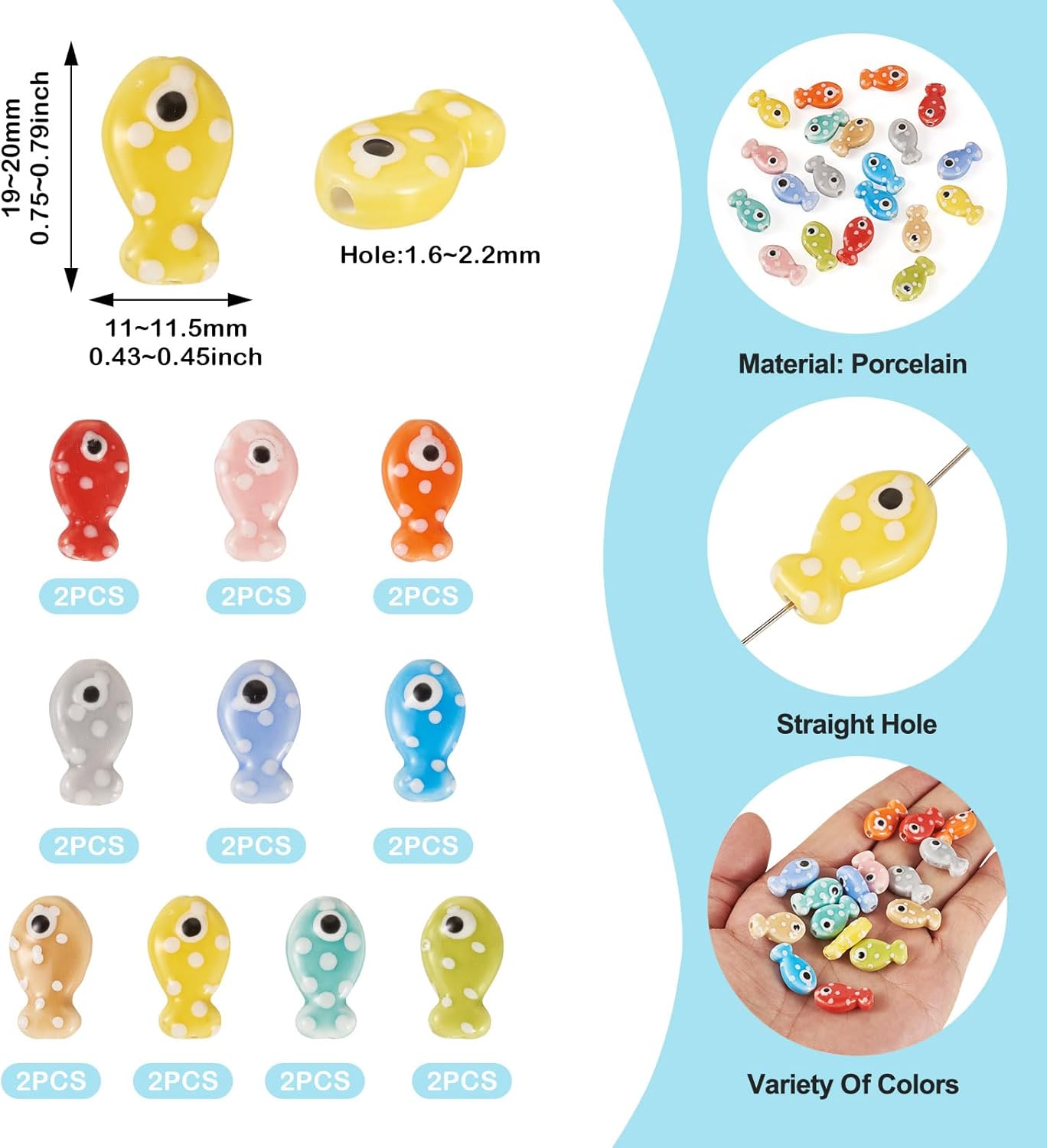Cheriswelry 20Pcs Fish Beads Handmade Animal Porcelain Bead Ceramic Fish Printed Beads Loose Spacer Bead 11x19.5mm for DIY Bracelet Necklace Earring Jewelry Making - Image 2