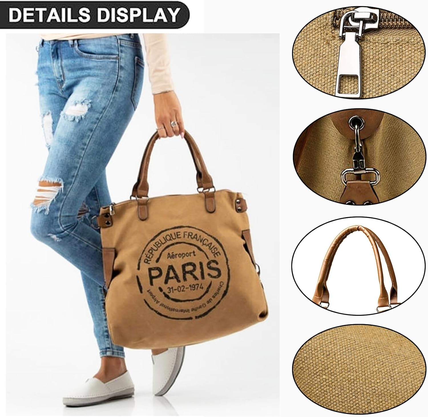Large Canvas Tote Bag for Women with Zipper Everyday Crossbody Bag Laptop Shoulder Bag Hobo Handbag - Image 3