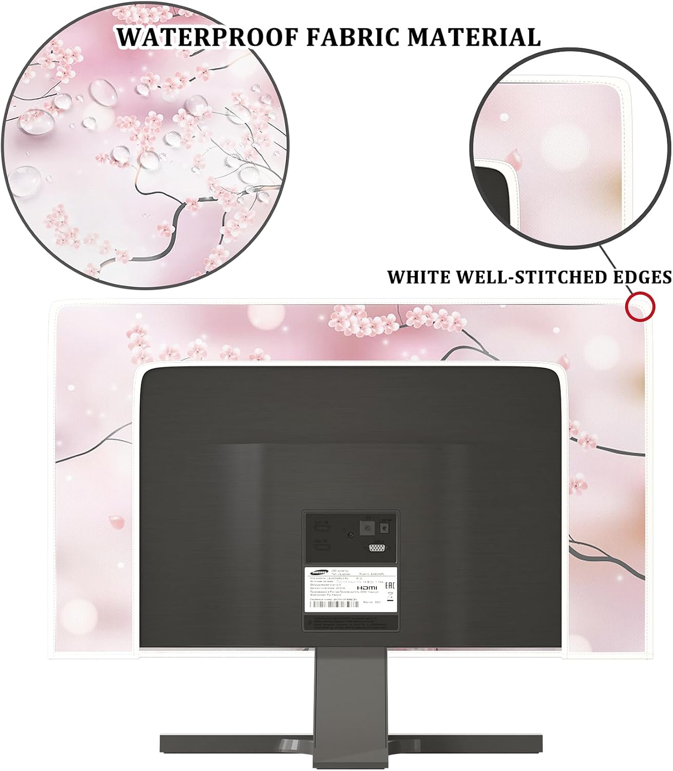 Cherry Blossom Waterproof Computer Monitor Cover 22, 23, 24, 25 Inch Watercolor Floral Japanese Chinese Flowers Monitor Accessories Laptop TV LCD Screen Monitor Decoration for Tablet，Pink