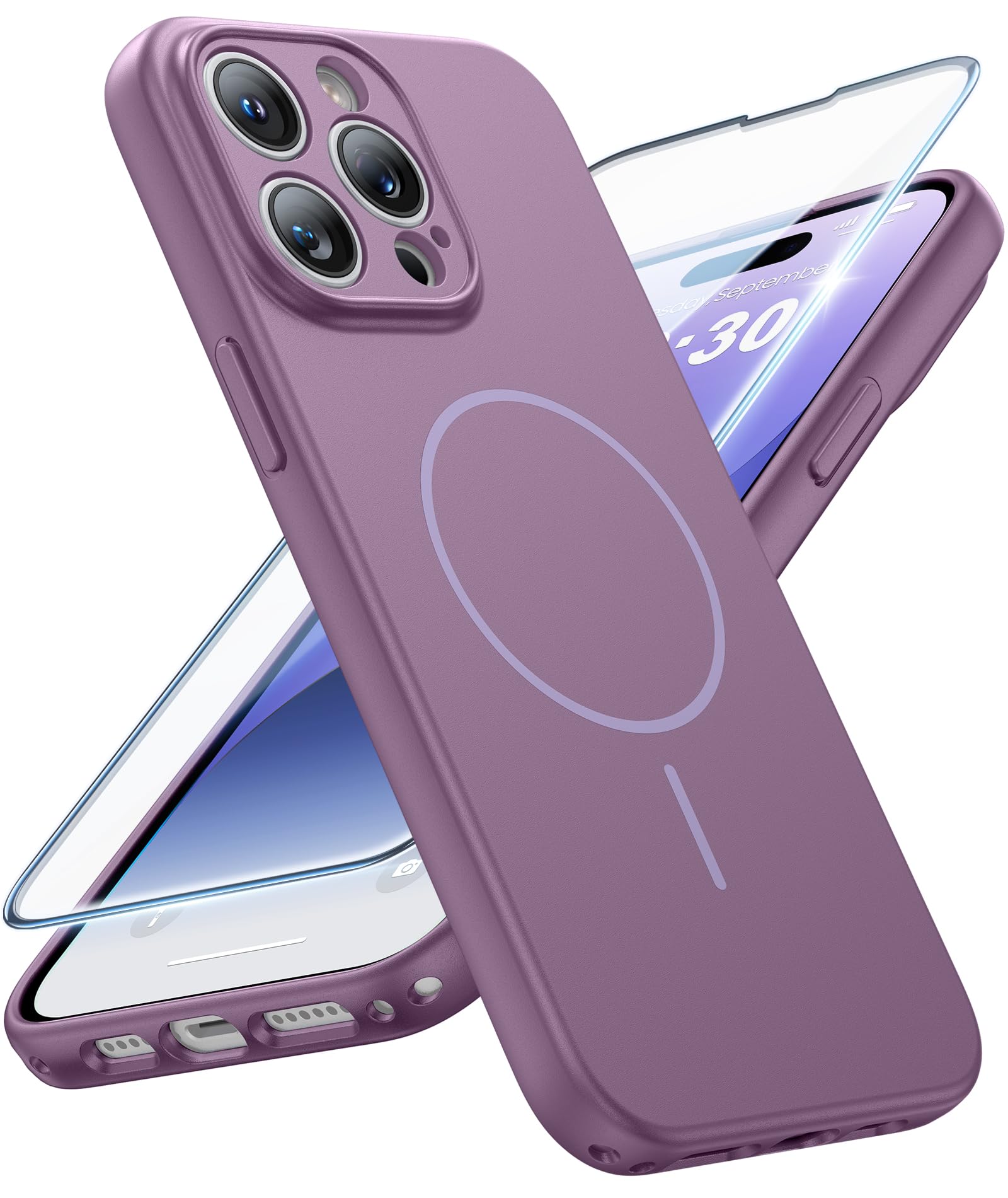 FNTCASE for iPhone 14 Pro Max Case Lavender: Compatible with MagSafe | With Screen Protector, Translucent Magnetic Full Camera Protection, 14FT Military Grade Drop Tested, Matte Shockproof Cover