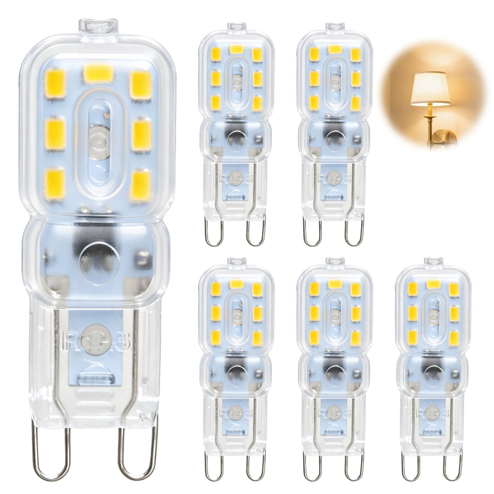 6Pack G9 LED Bulbs 2.5W 3000K Warm White 220Lm AC220-240V Non-Dimmable