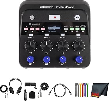 مسجل بودكاست محمول متعدد المسارات Zoom PodTrak P4next، 4 مدخلات XLR بمكسب +70 ديسيبل، تقليل الضوضاء بالذكاء الاصطناعي، حزمة تسجيل 48 كيلو هرتز/24 بت مع حزمة ميكروفون بودكاست ZDM-1، ميكروفون بودكاست، سماعة رأس ZHP-1