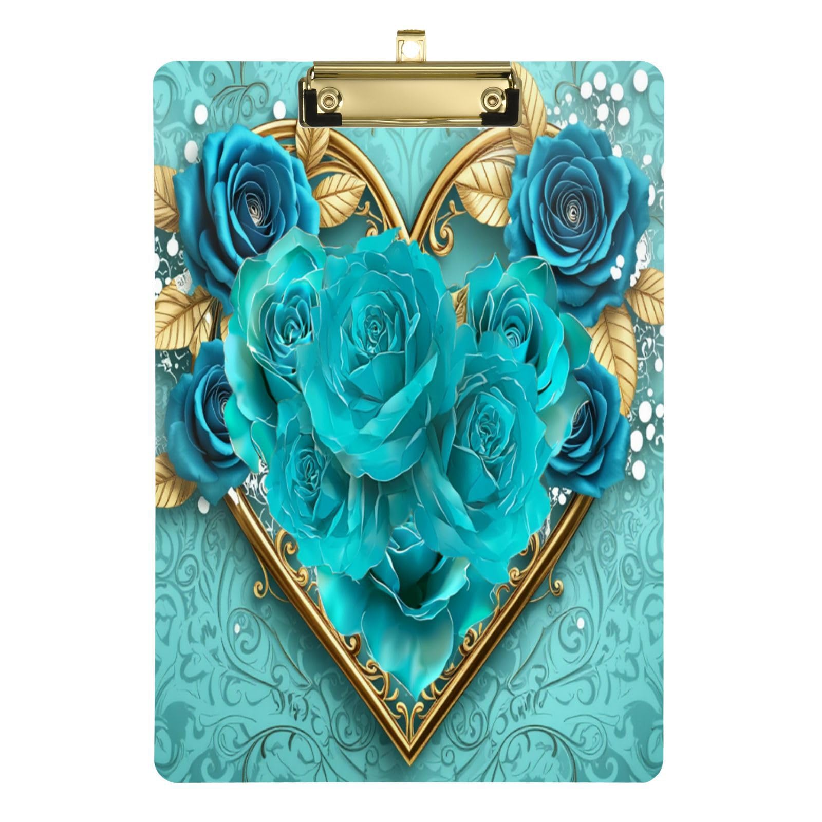 Turquoise Roses Heart Clipboards Teal Flower Plastic A4 Letter Size Clipboard Acrylic Clip Board 12.5 x 9 in with Low Profile Clip for Nurse Students