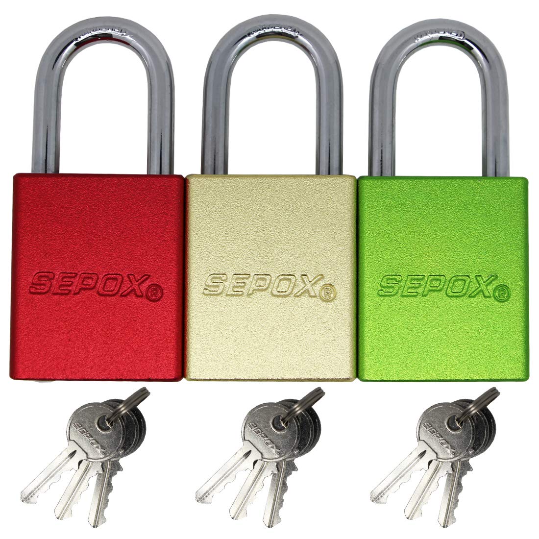 SEPOX Solid Aluminum Safety Padlock Keyed Alike 1-1/2" (38mm) Wide with 1.57''(40mm) Hardened Steel Tall Shackle Brass Cylinder Weather Proof Three Colors(Red, Gold, Green) Pack of 3