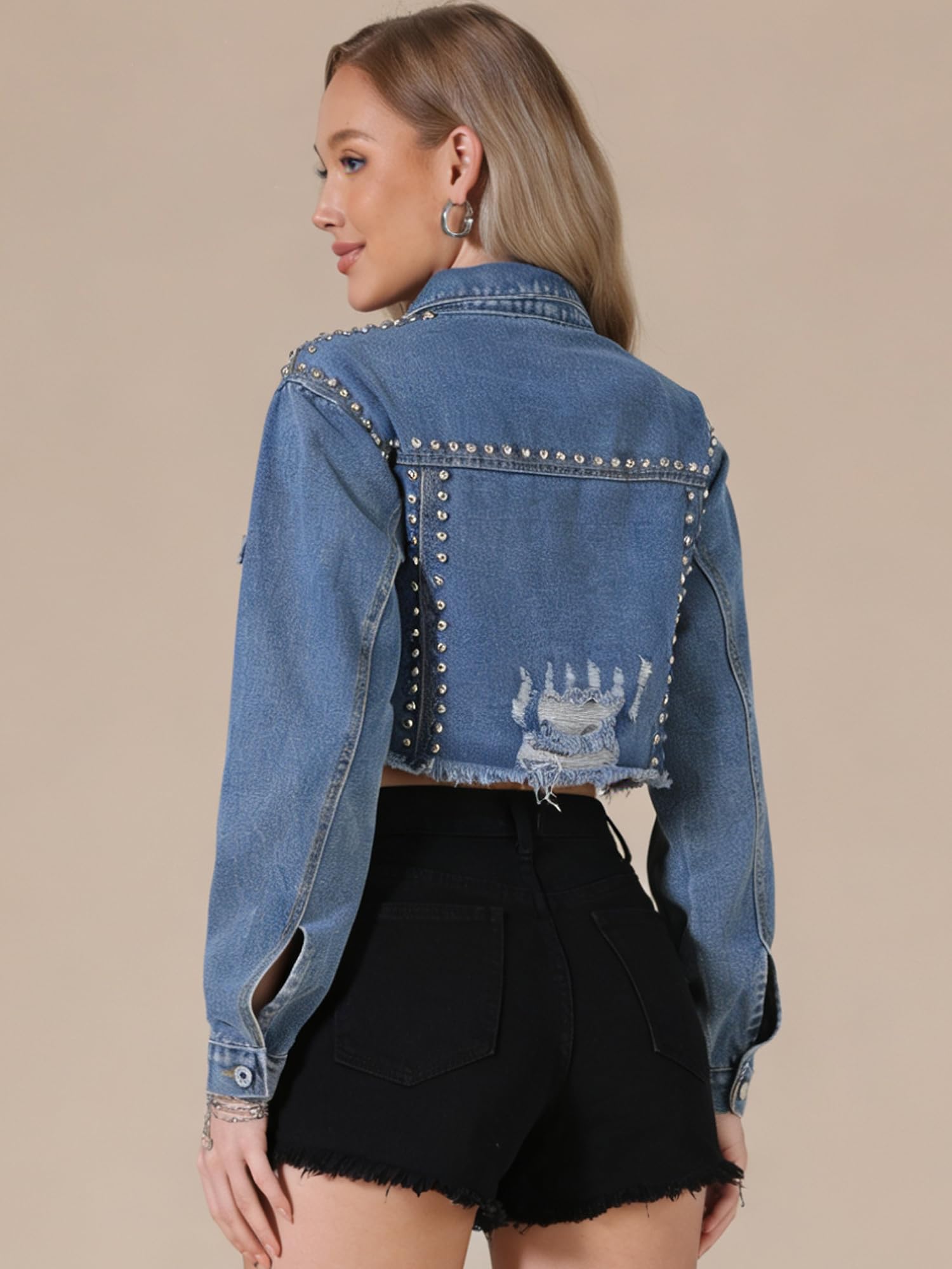 Allegra K Giacca in Denim per Donna con Borchie e Rivetti Giacca in Jeans Casual e Corta