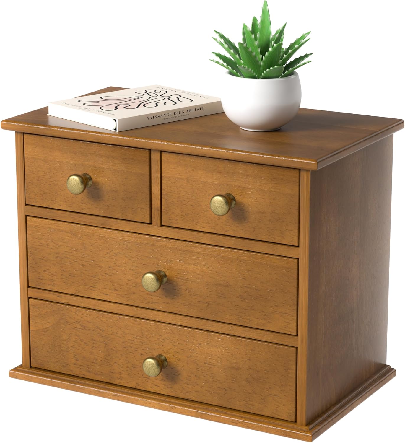 Oak Desk Organizer with Drawers, Durable Wooden Desktop Storage Box with Metal Handles & Non-Slip Silicone Pads, 4 Drawer Tabletop Organizer for Office, Bedroom, Bathroom, Vanity, and Makeup – Walnut