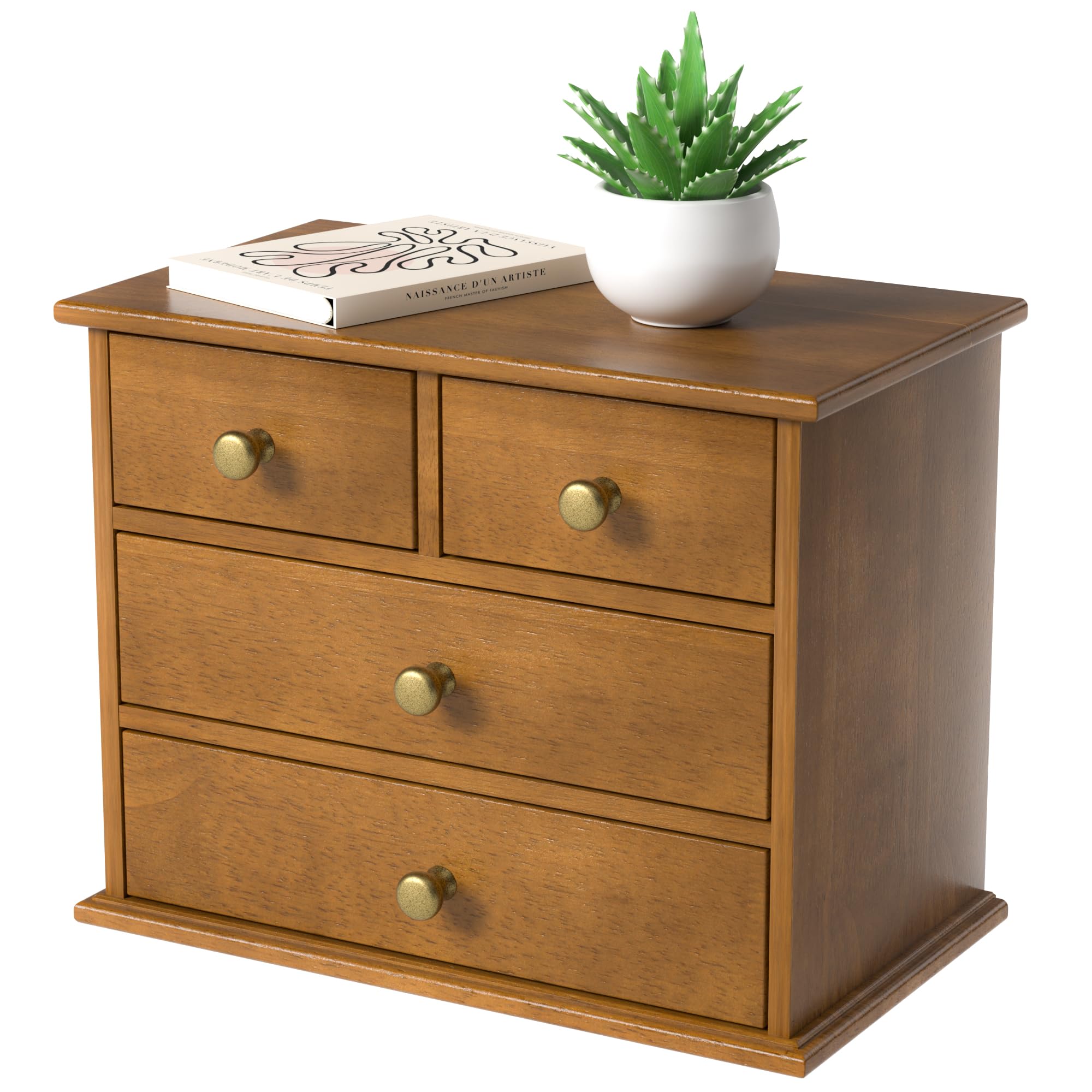 Photo 1 of Oak Desk Organizer with Drawers, Durable Wooden Desktop Storage Box with Metal Handles & Non-Slip Silicone Pads, 4 Drawer Tabletop Organizer for Office, Bedroom, Bathroom, Vanity, and Makeup – Walnut