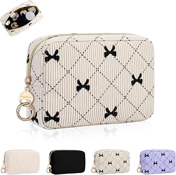 Small Makeup Bag for Purse, Corduroy Small Cosmetic Bag with Ring Buckle & Inner Pockets, Portable Bow Toiletry Makeup Pouch Purse for Travel Daily Use Beige