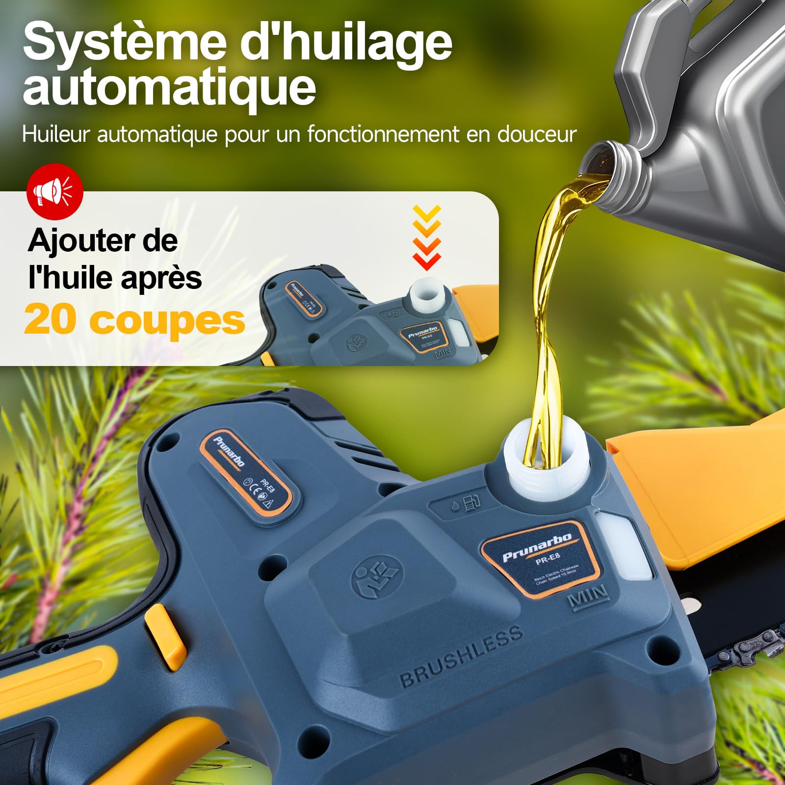 Mini Tronçonneuse 8" Sans Fil avec 2 Batteries 4Ah | Coupe Sans Effort, Lubrification Automatique, Compatible Perche Télescopique, Arbres Fruitiers, Entretien du Jardin