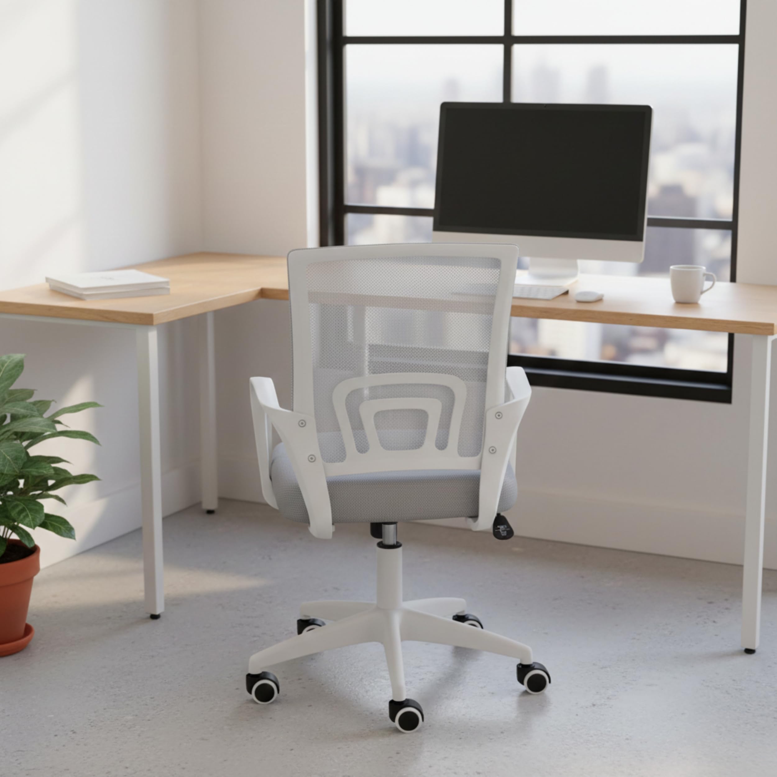 młodzieżowe krzesło biurowe z szarą siatką | regulacja wysokości | ergonomiczne krzesło do biurka z regulowanymi podłokietnikami | oddychające oparcie | ciche gumowe kółka | nowoczesne wzornictwo