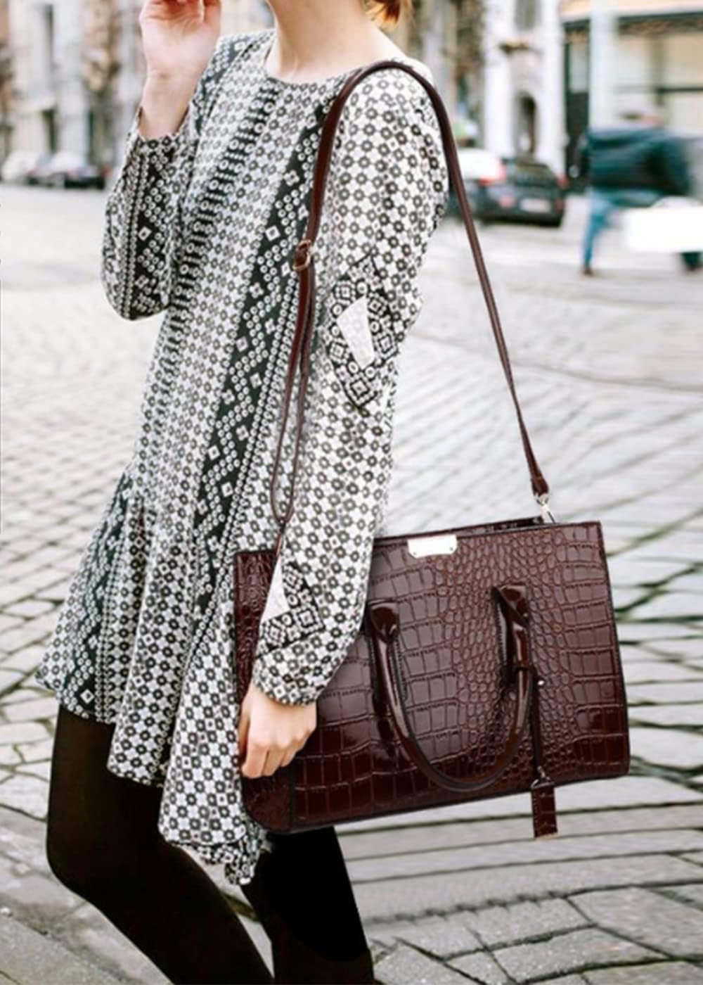 Top-handle Handbags Purse Women Crocodile Pattern Satchel Pu Leather Shoulder Bag Tote