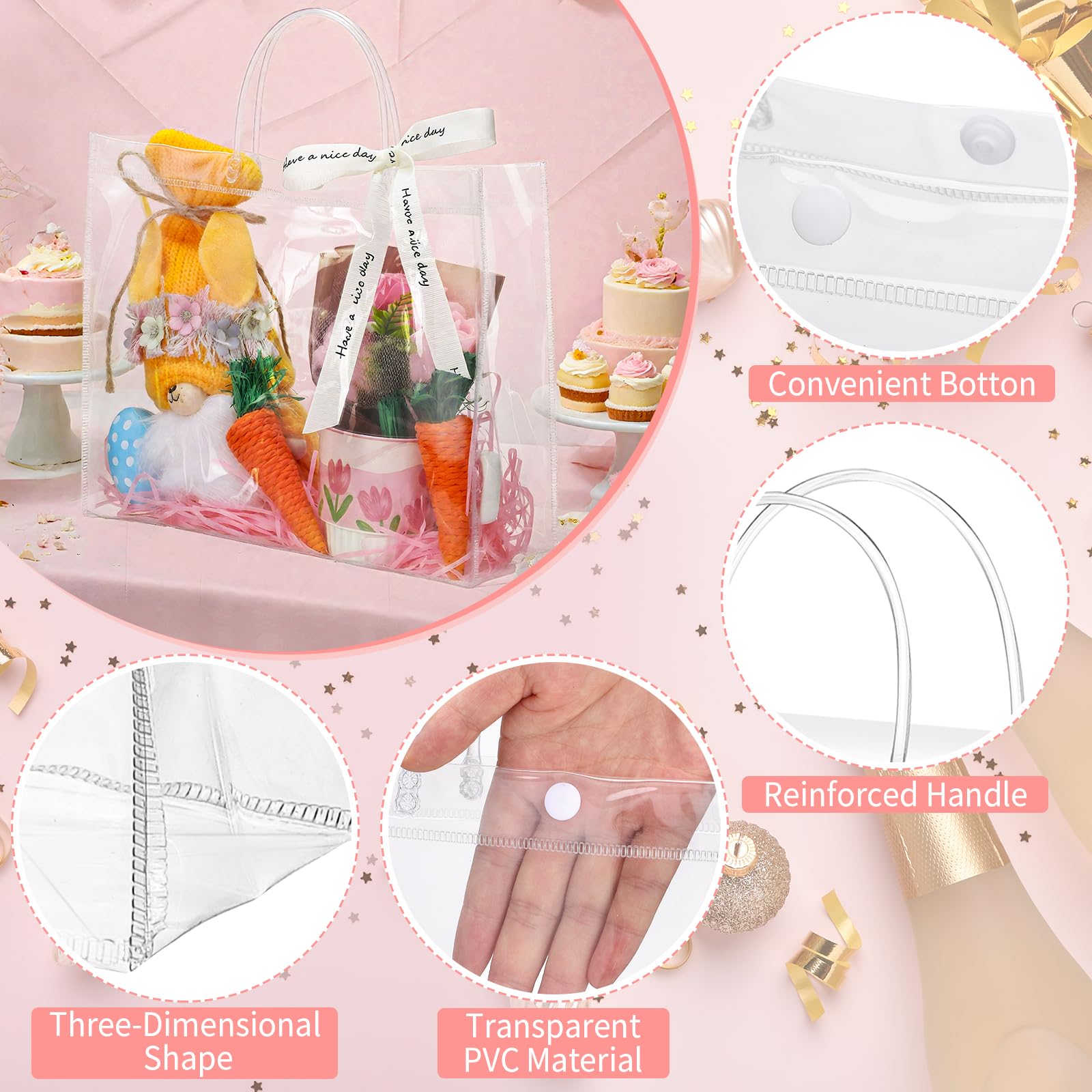 woric 6 Pack Large Clear Gift Bags with Handle, 11.8"X3.9"x9.8" Plastic Valentine's Day Bags Shopping Bag for Small Business Gifts Party Favors