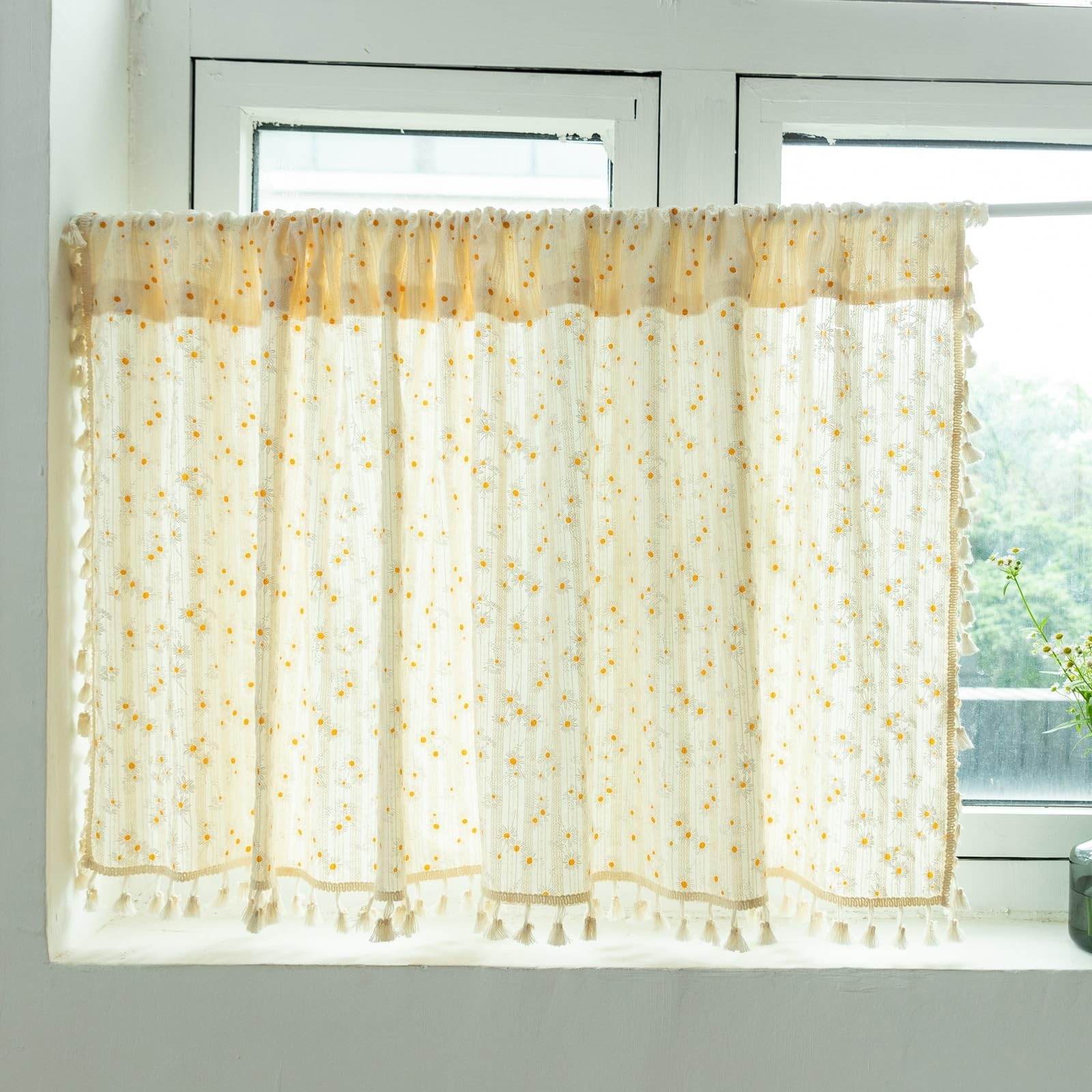 Wycian Tenda Oscurante Beige Piccola Tenda Giallo 1 Tende Cotone Fiori Pompon 140L X 80H Cm Elegante Premium Aggiornamento 3.0