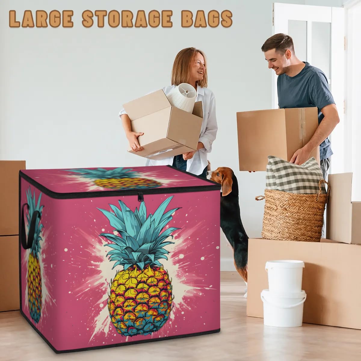 Honeybaby 214L Extra Large Comforter Storage Bag Watercolor Splash Pineapple Storage Totes with Lids Waterproof Closet Organizer Folding Blanket Storage Bags for Clothes Bedding Pillows