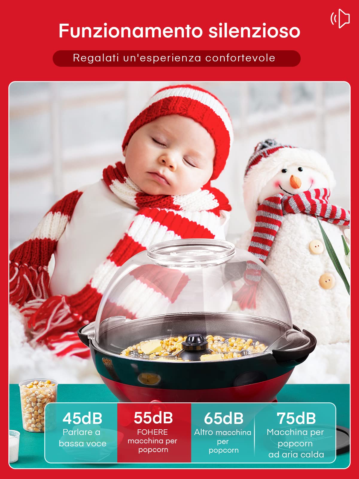 FOHERE Macchina Popcorn - 5L Grande Macchina per Pop Corn Retrò da - Pop Corn Macchina con Rivestimento Antiaderente e Superficie Riscaldante Rimovibile - Silenziosa e Veloce (Rosso)