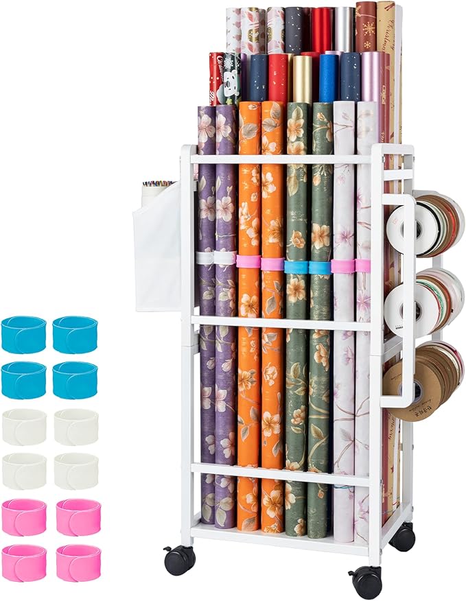 Aquzee Gift Wrapping Paper Organizer Storage, Rolling Gift Wrap Storage Stand, Vertical Wrapping Paper Storage Cart, Ribbon Organizers, 12 PCS Slap Bracelets, Adjustable Rod Design, White