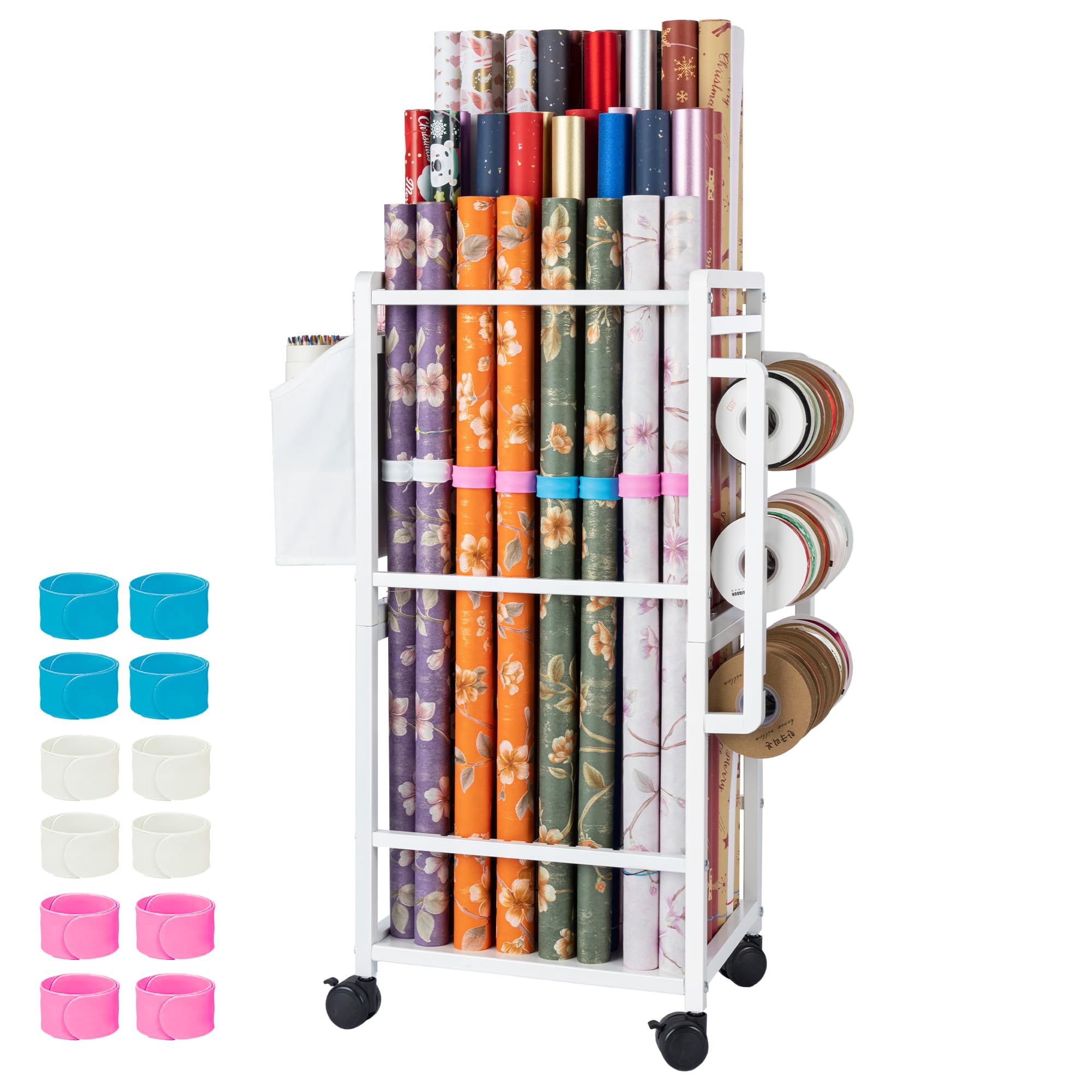 Aquzee Gift Wrapping Paper Organizer Storage, Rolling Gift Wrap Storage Stand, Vertical Wrapping Paper Storage Cart, Ribbon Organizers, 12 PCS Slap Bracelets, Adjustable Rod Design, White