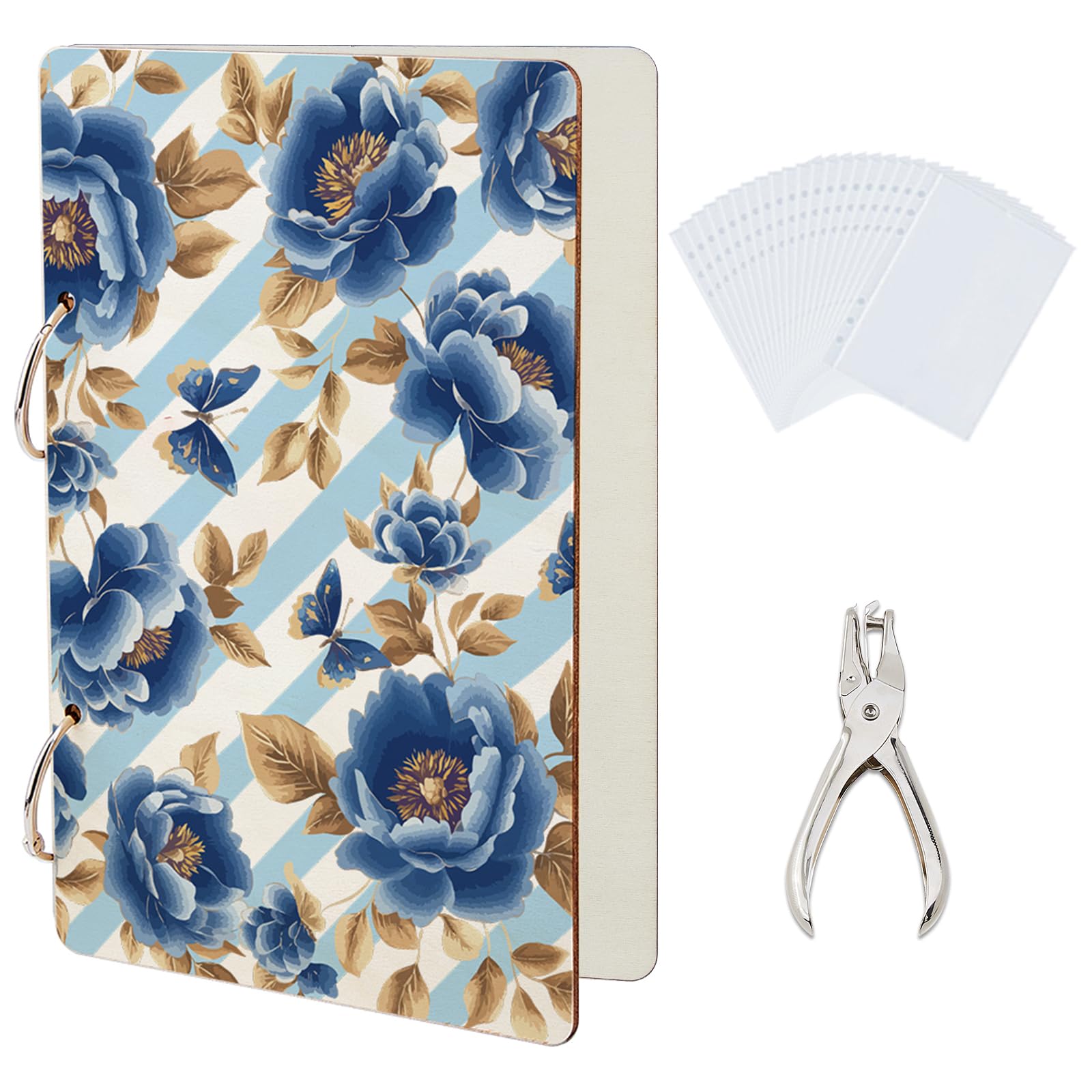 Organiseur de cartes de vœux en bois premium à motif floral bleu de 24 x 16 cm