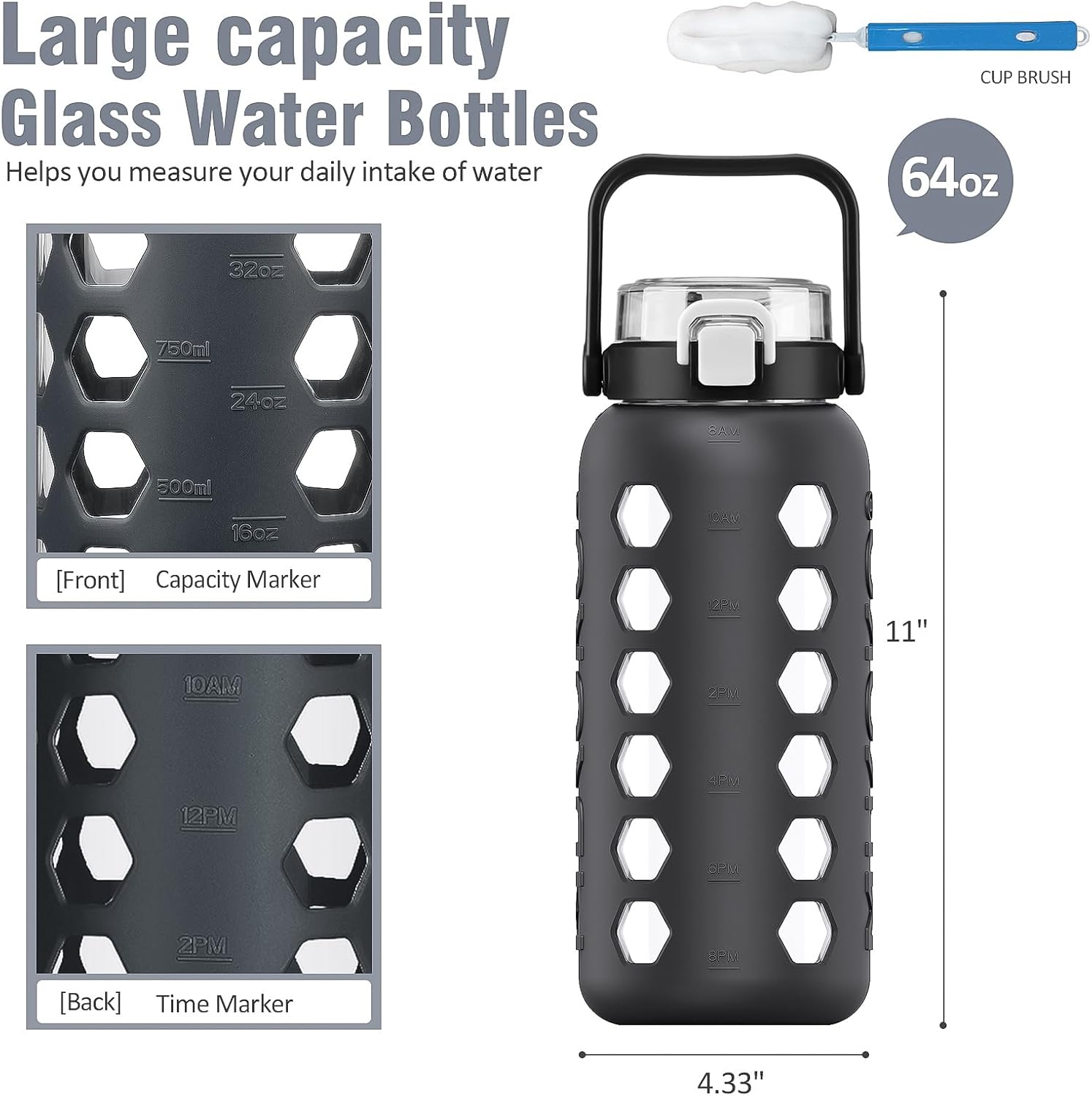 MUKOKO Half Gallon/64 oz Glass Water Bottles with Straw and Lid,Motivational Water Jug with Time Marker Reminder and Silicone Sleeve,100% Leakproof BPA Free Fitness Sports Large Bottle-Grey - Image 2