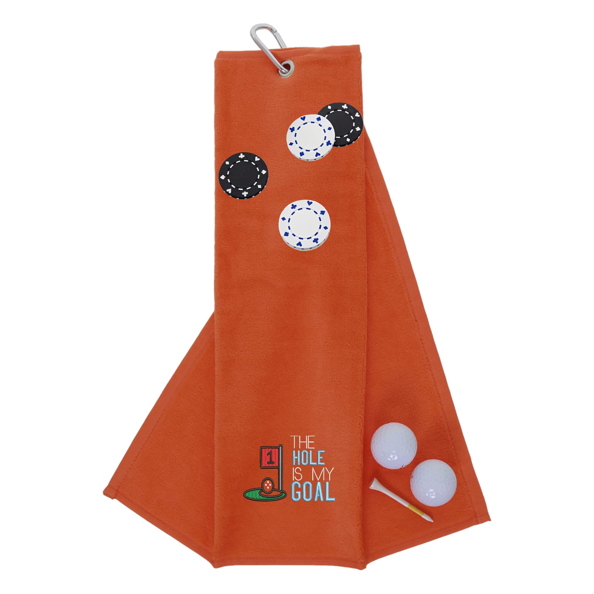 Funny Trifold Golf Towel and Poker Chip Marker Set Gift for Men, Carabiner Clip for Golf Bags, Hole is my Goal, Orange