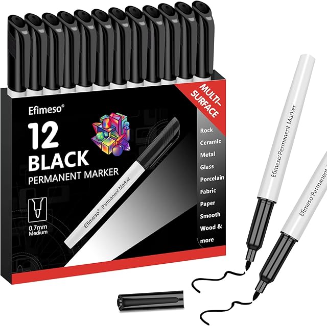 Efimeso 12 Black Permanent Markers, Fine tip Permanent Marker Pens,Black Marker Pens Work on Rock,Paper,Ceramic,Metal,Glass and Farbric