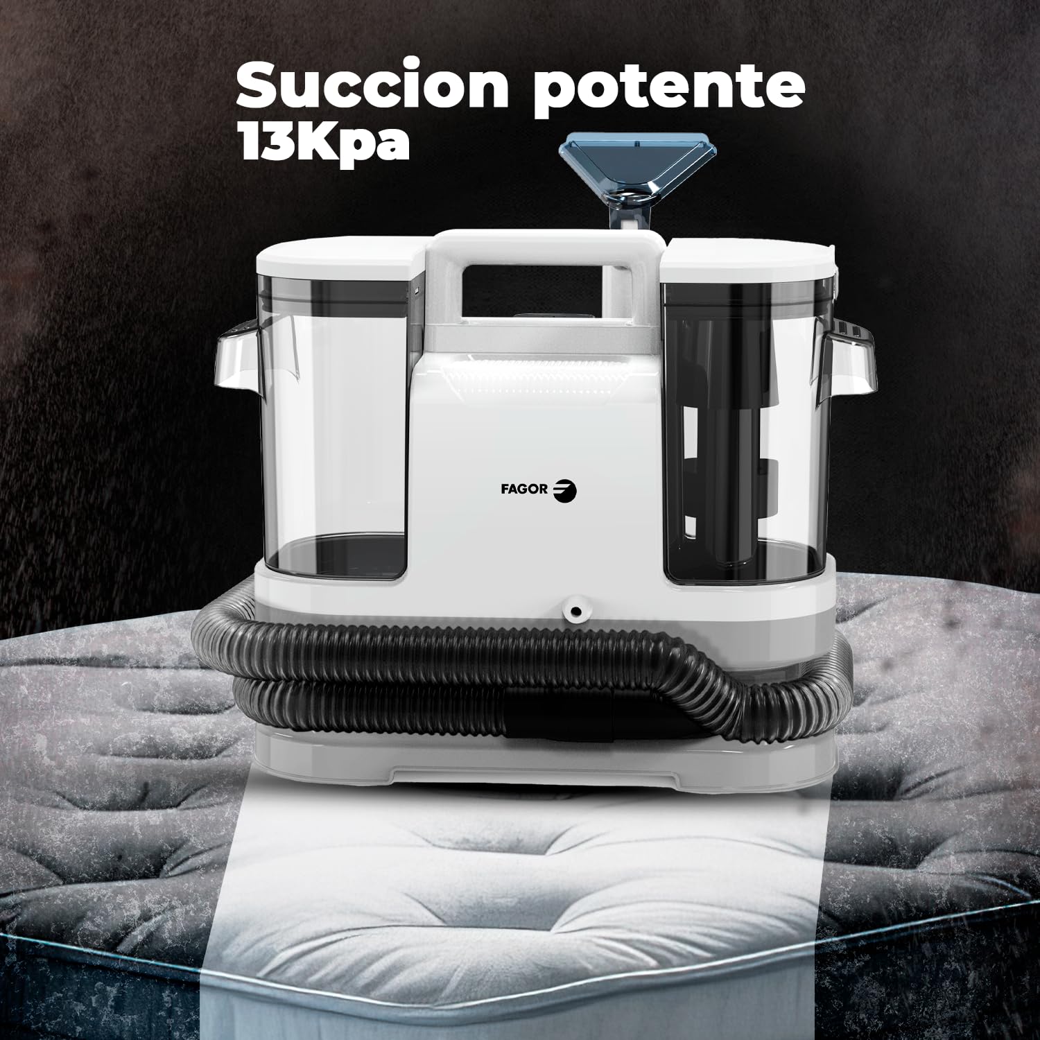 Limpiatapicerías Portátil 450W, Aspirador para Sofás, Alfombras, Colchones y Coche con Succión 13KPa, Pulveriza, Cepilla y Aspira Manchas, Doble Tanque de Agua, FAGOR Ares Multicleaner