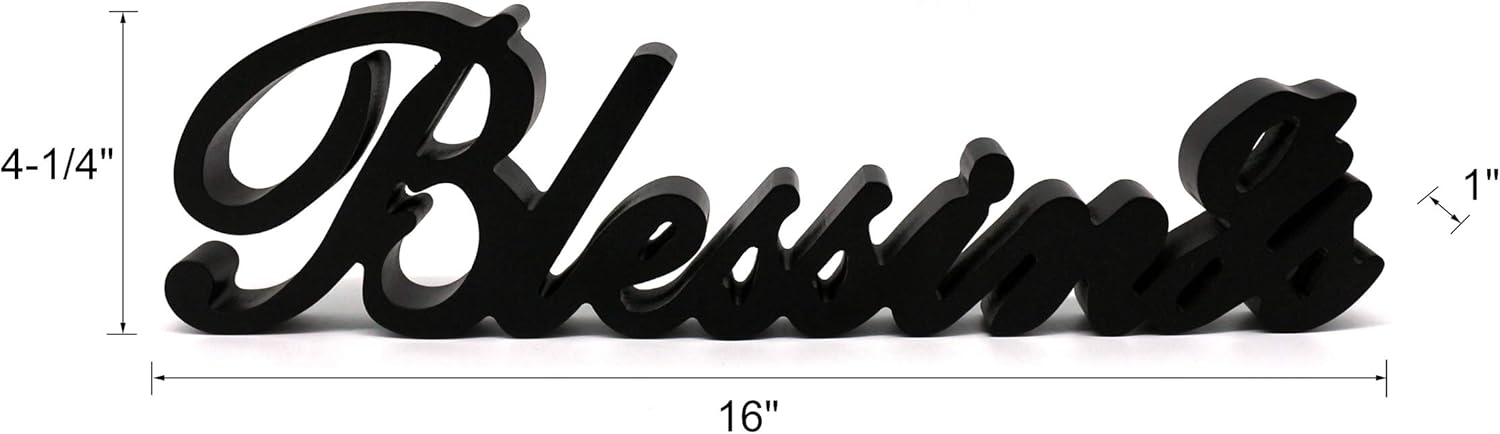 CVHOMEDECO. Matt Black Wooden Words Sign Free Standing "Blessings" Desk/Table/Shelf/Home Wall/Festival Decoration Art, 16 x 4-1/4 x 1 Inch