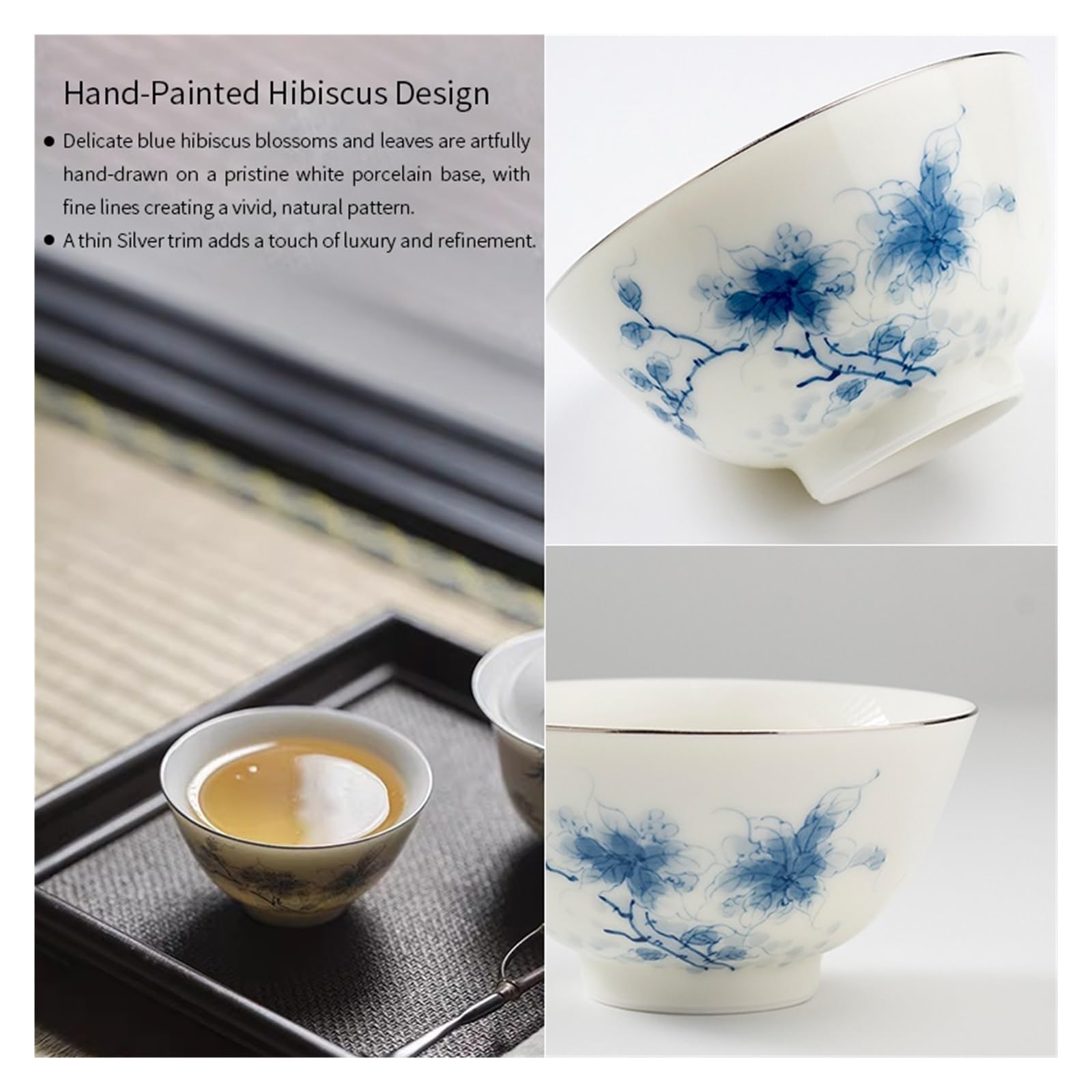 Filiżanka Do Herbaty Ręcznie Malowana Hibiskus Antyczna Niebiesko-biała Porcelanowa Miseczka Na Herbatę Ceramiczna Herbata Gongfu Prezent Chińska Kultura Herbaciana Zestaw 80ml WyjąTkowe Obrazy