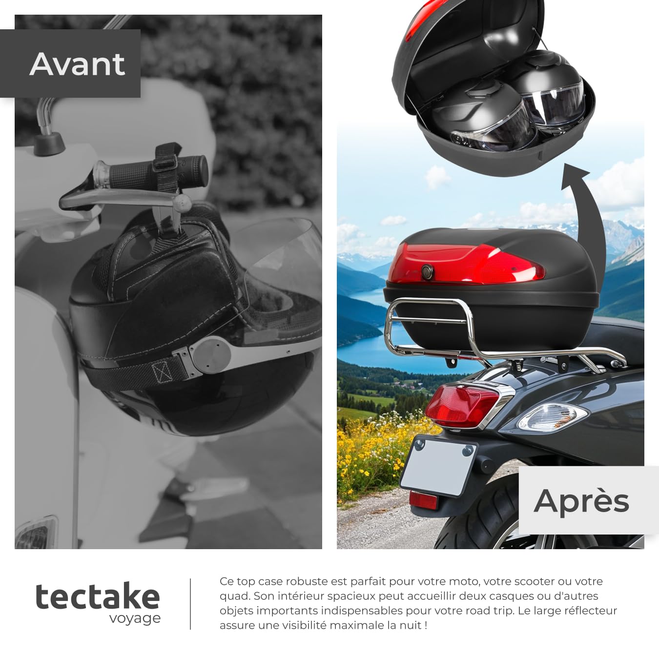 tectake® Top Case Universel XXL pour Moto Scooter Quad Buggy Mobylette avec Kit de Fixation et 2 Clés de sécurité, Réflecteur extralarge, 48L, Casque Moto ou Casque Scooter, Coffre Quad