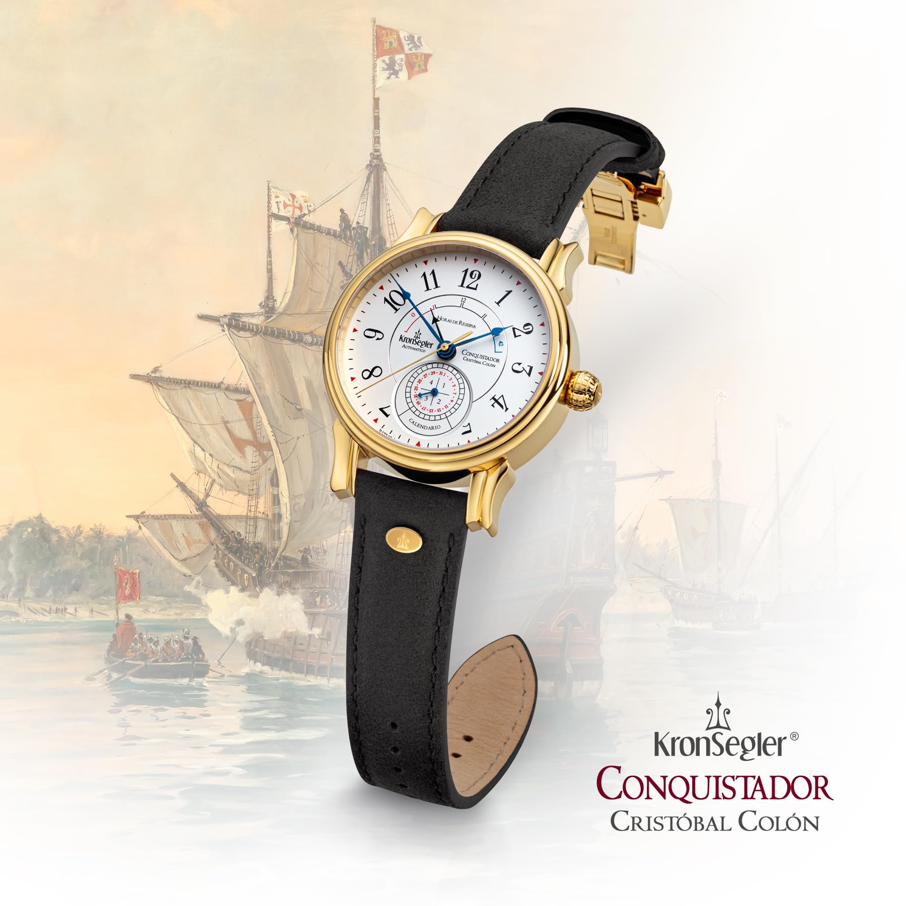 Kronsegler Conquistador Gold - weiß | Automatik Herrenuhr mit Gangreserveanzeige | Saphirglas, Zeigerdatum, Lederband, Faltschließe