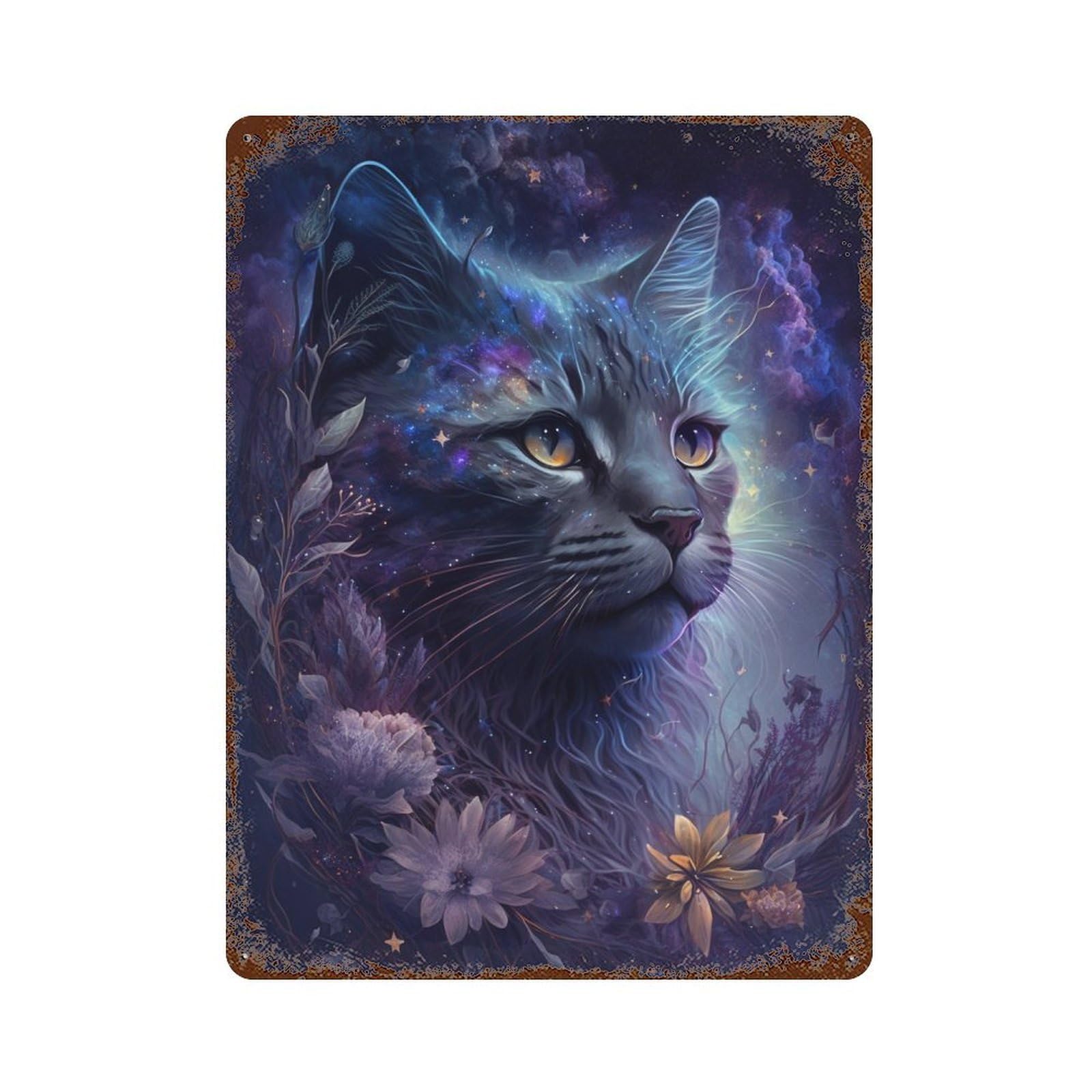 Rustic Tin Plaque with Galactic Cat Fantasy Artwork -1 Design 15.7"x11.8", for Pub, Kitchen And Man Cave Decor, Old School Wall Decor