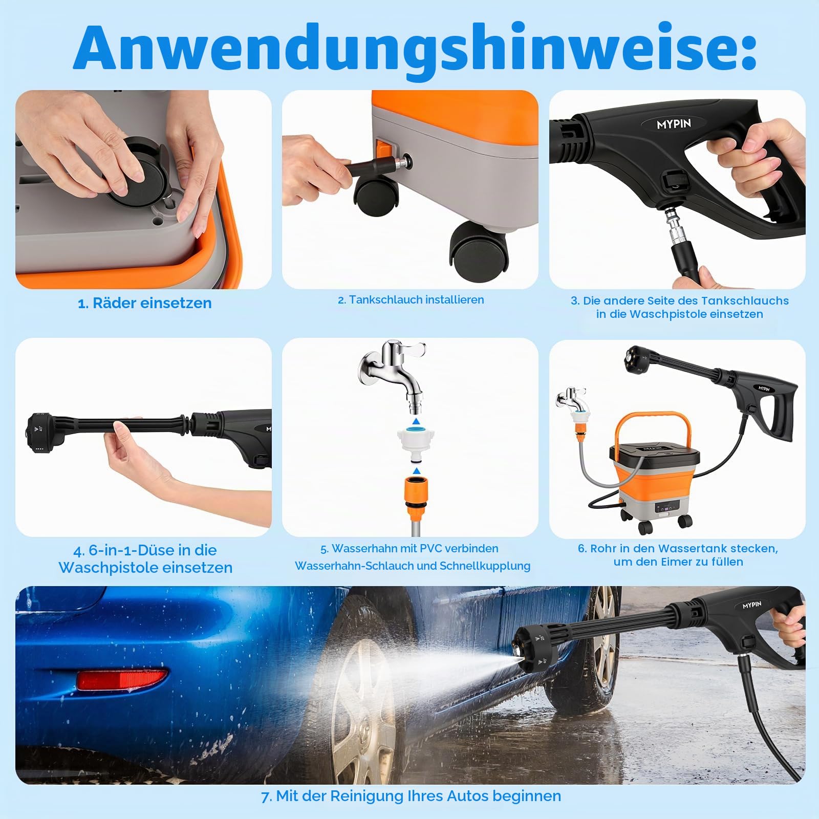 MYPIN klappbarer kabelloser Hochdruckreiniger 3.4Gallon Tank, 6-in-1 Düse, 7 einstellbare Druckstufen, Max 660 PSI, 7M Schlauch, Sprühreiniger mit Rädern für Auto Boden Wand Zaun, Haustier Reinigung