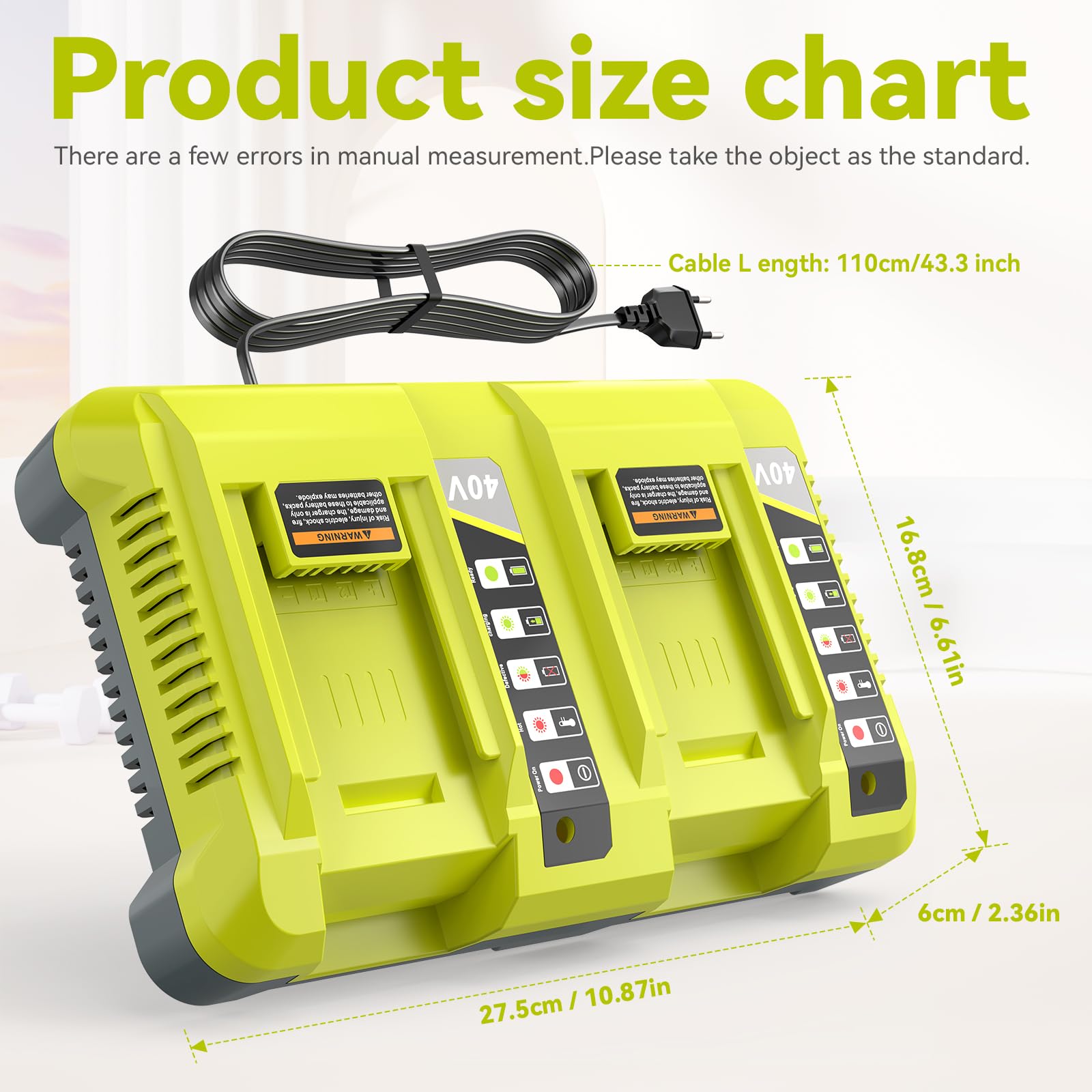 LabTEC Caricabatterie per RB OP401 Dual Port, batteria al litio da 40 V, compatibile con OP4015 OP4026 OP4040 OP4050, 40 Volt RB Battery Charger (EU Plug)