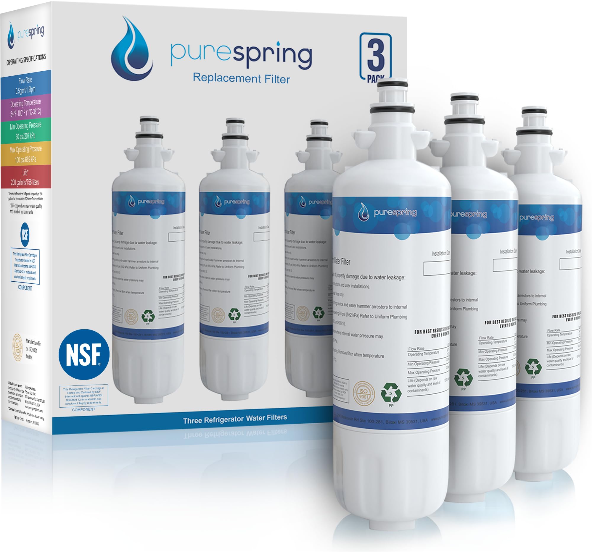 NSF 42 Certified Replacement Refrigerator Water Filter for LG ADQ36006101, LFDS22520S, LT700P, LFXS29766S, ADQ36006102, LFXS24623S, LFXS30766S, LFX25991ST, Kenmore 46-9690 (3 Pack)