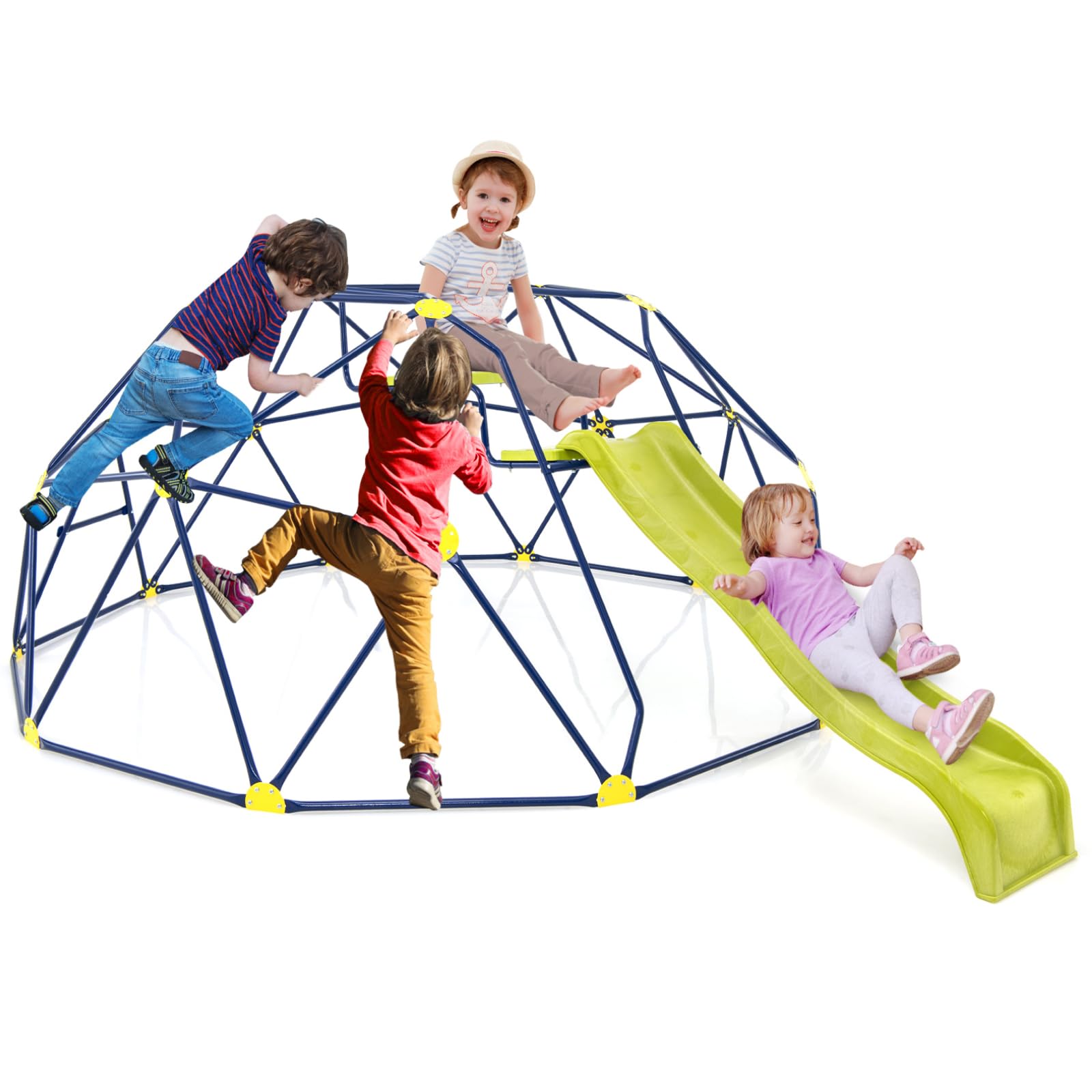 Costzon Kids Climbing Dome with Extended Wavy Slide, 13.3FT Kids Jungle Gym Monkey Bar for Outdoor, Indoor Geometric Dome Climber Playground, Climbing