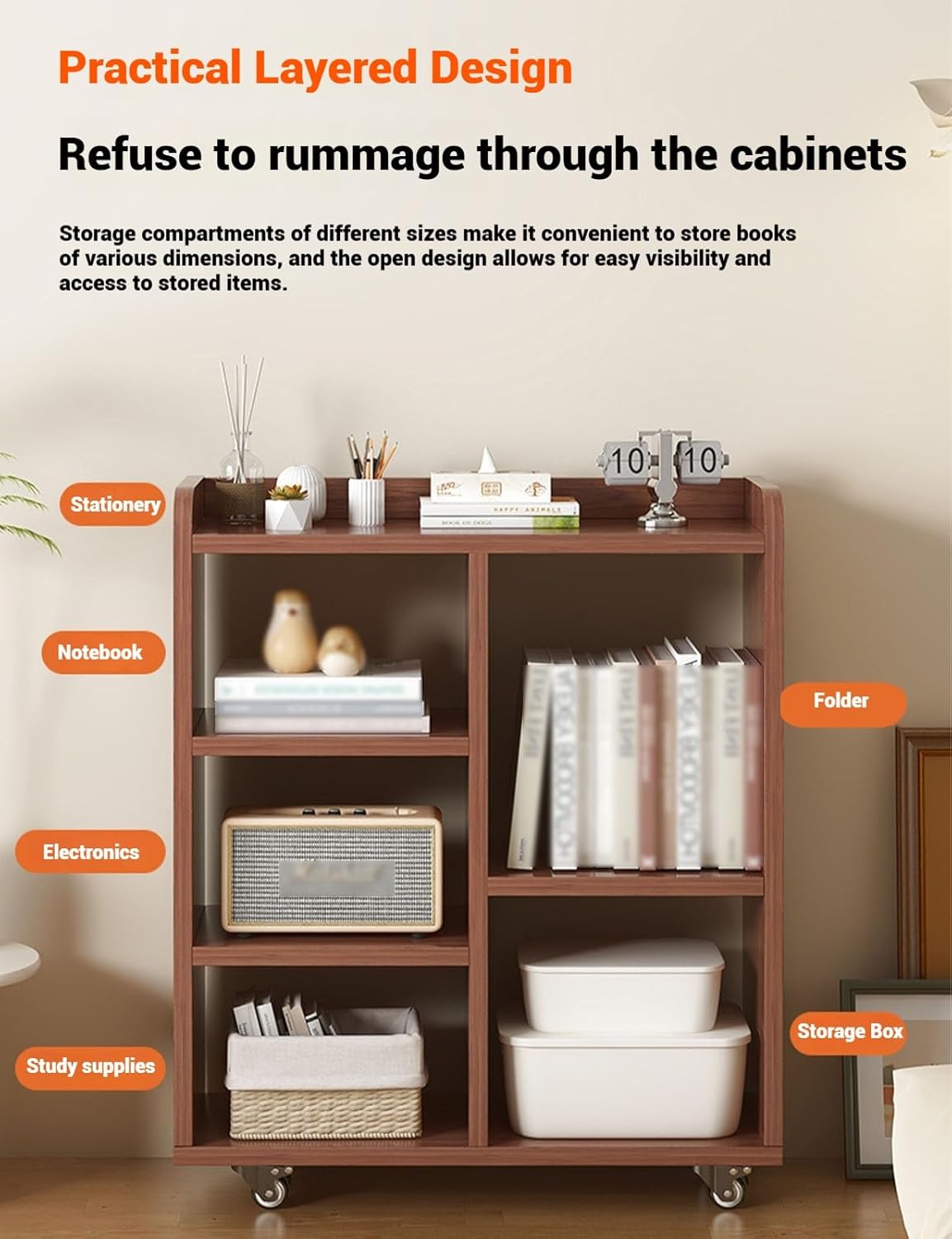 Solid Wood Book Cart, 3 Shelf Library Cart, Rolling Library Book Cart with Wheels for Home Shelves Office School Book Truck(Wood)