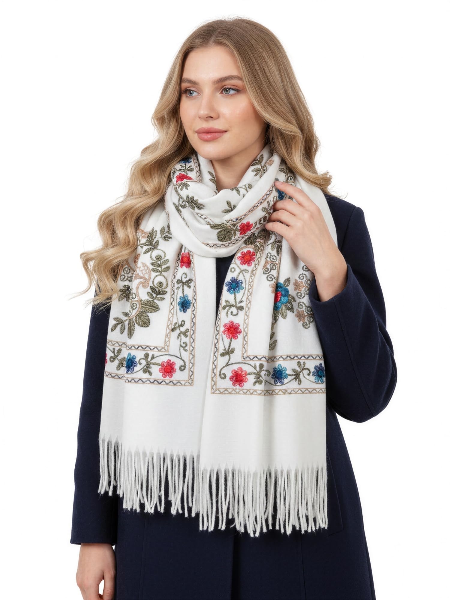 Women Pashmina Scarf Shawl Wrap, Large Long Paisley Floral Rainbow Ladies Scarves, Wearable Winter Blanket Scarfs, Indian Shawl Wedding Evening Stole, Cashmere & Cotton (White Rainbow Floral)