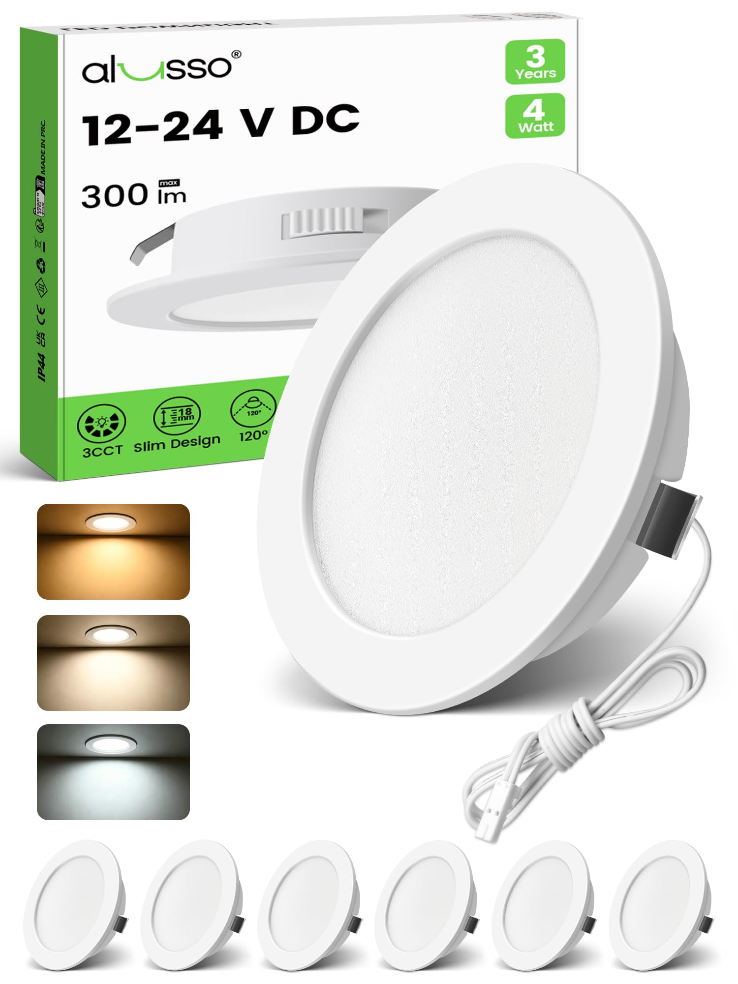 ALUSSO 12-24V LED Einbaustrahler Decke, IP44 Möbel Einbaustrahler Flach | 4W, Bohrloch 55-58mm und 14.5mm Flache, 3000K Warmweiß 4000K Neutralweiß 6000K Kaltweiß, Weiß, 6er Set
