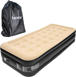 Benross 88080 Single Airbed/Inflatable Air bed Mattress with Built-In Electric Pump/Comfortable Flocked Surface/Carry Bag & Repair Patch Included/For Camping or Home / 2m x 1m / Beige