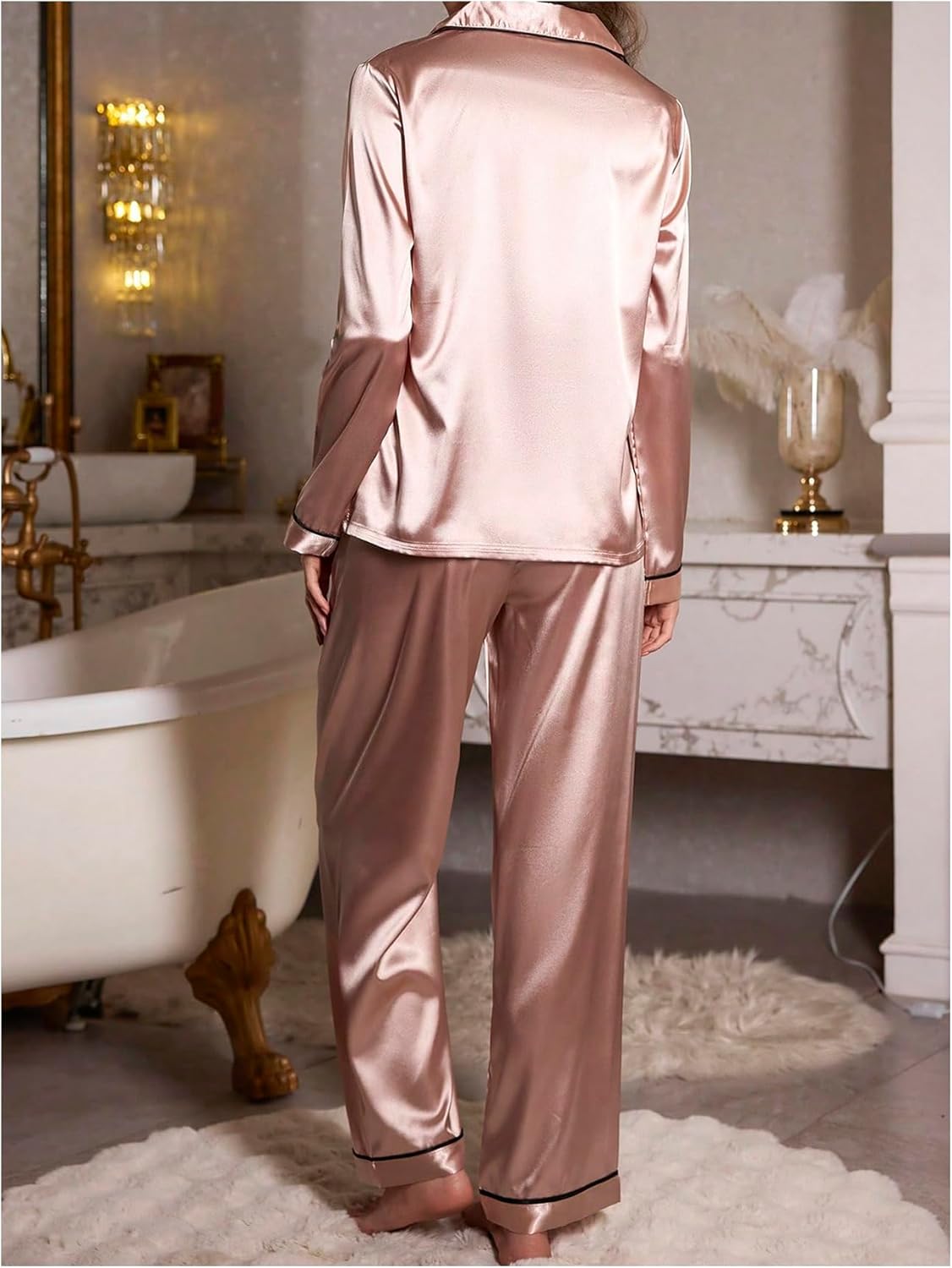 OYOANGLE Pajamas For Women Set Silk Pjs 2 Piece Satin Sleepwear Long Sleeve Button Down Lounge Sets With Pant - Image 2
