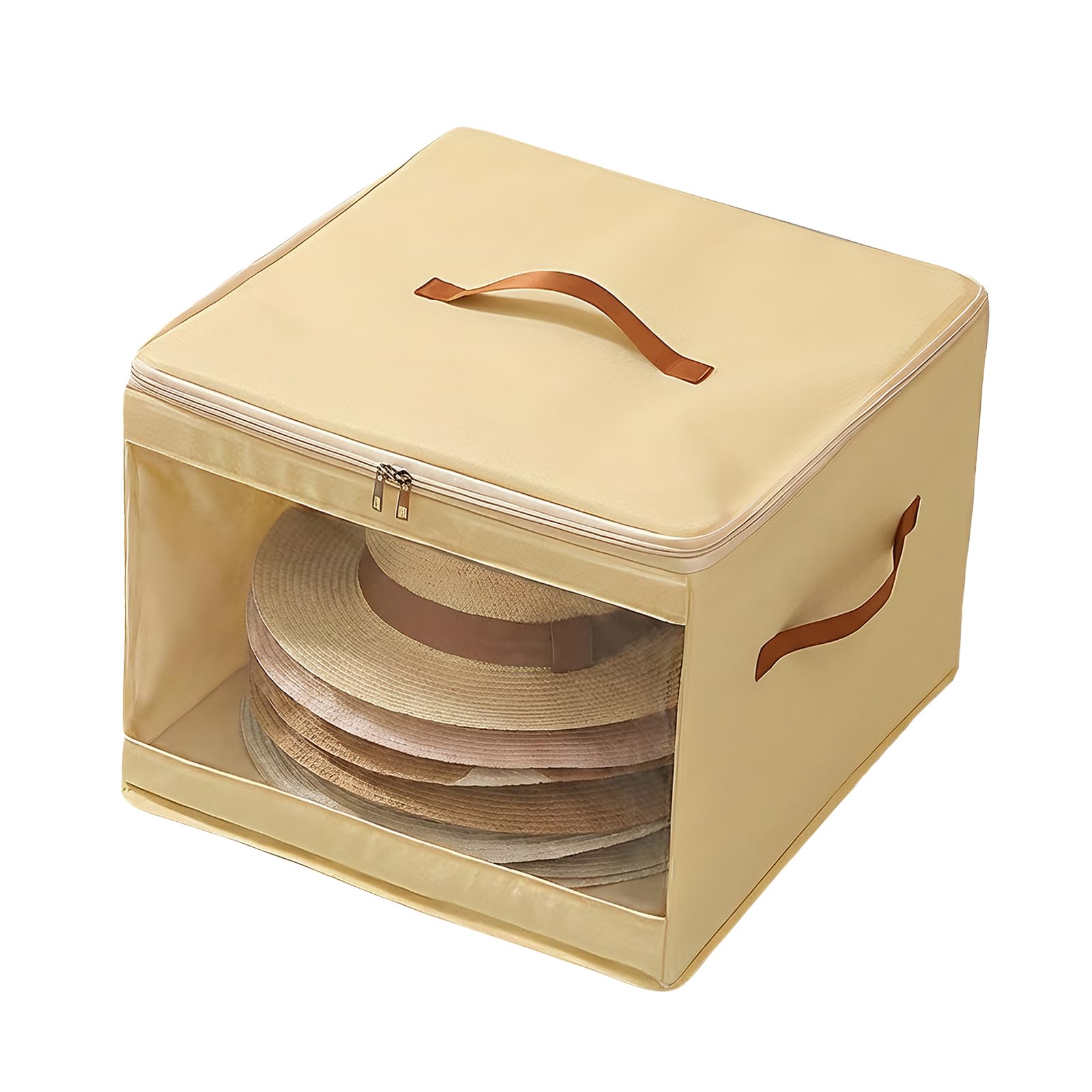 HonorHut Soft Felt Hat Storage Box Zip Foldable Stackable Closet Storage Box with Viewing Window Beige 35×35×25 cm