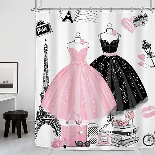 Riyidecor Vestidos femeninos cortina de ducha de 60 pulgadas de ancho x 72 pulgadas de alto, moderna torre Eiffel, para niñas, mujeres, perfume,