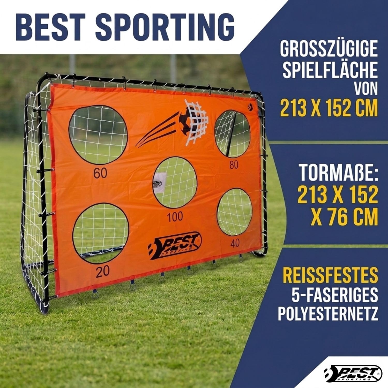 Best Sporting 2-in-1 Fußballtor mit Torwand Fan-Favorite | Fussball Tor mit 5 Schusslöchern (40cm), perfekt als Fussball Trainingszubehör - Punktesystem für spannende Turniere, 213 x 152 x 76 cm