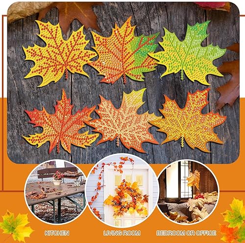 Miniatura 2 de Kit de posavasos de pintura de diamantes con hojas de arce otoñales con soporte, 6 piezas de hojas de arce con purpurina para principiantes, niños,