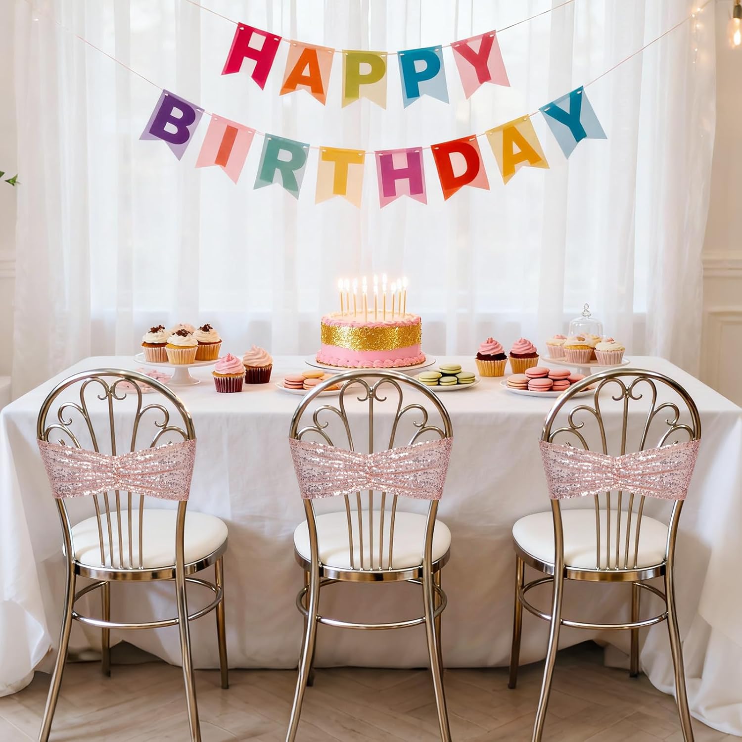 SquarePie Rose Gold Sequin Chair Sashes Bows 120 Pcs Glitter Chair Back Cover Ties Bands for Wedding Banquet Party Decor